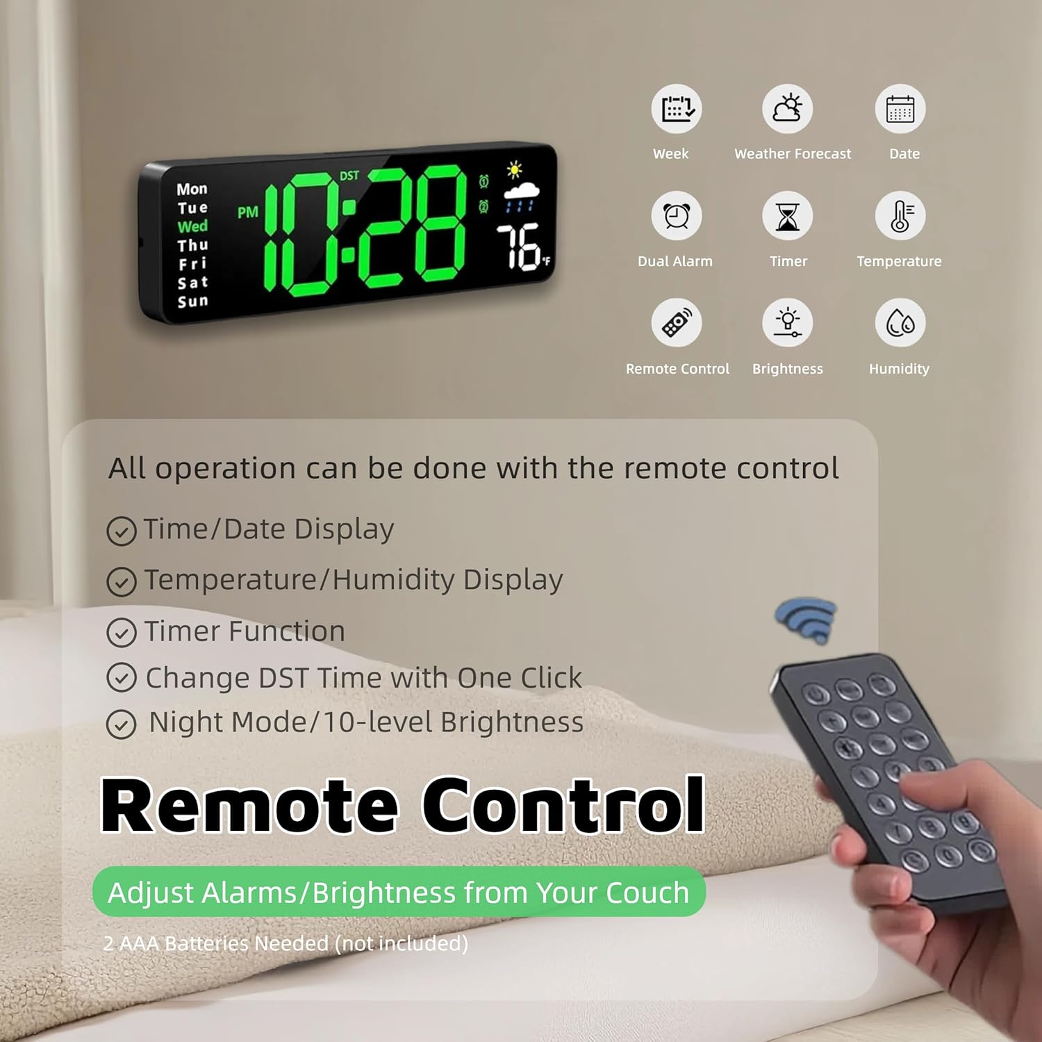 Large LED Digital Wall Clock with Alarm Timer - Auto Dimming Clock with Temperature, Weather and Calendar, Remote Control, Classroom Décor, for Bedroom, Office, Living Room (Green)