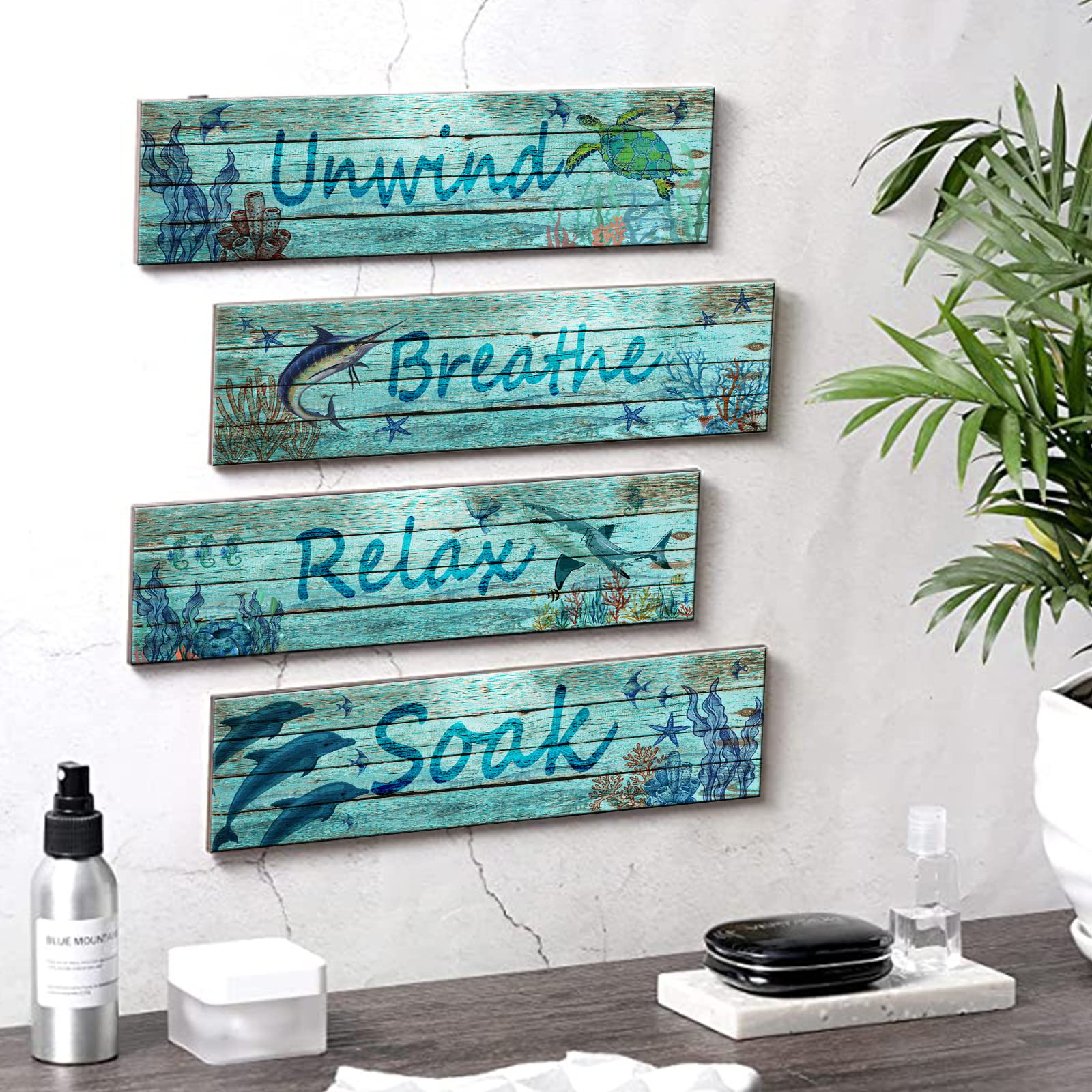 Unterwasserwelt Holzschild-Set – Dekor Mit Relax-Sprüchen, Meerestiere Deko Für Bad & Wohnzimmer