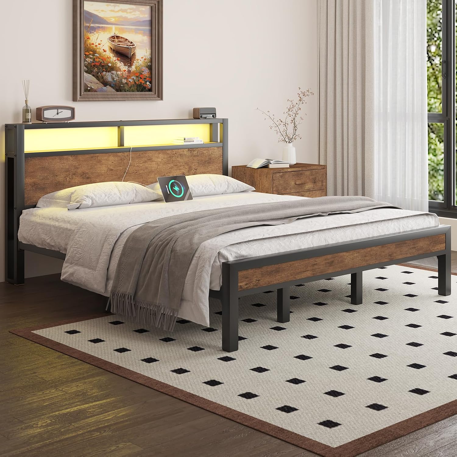 Close-up of the built-in charging station on the headboard with 2 AC outlets, 1 USB port, and 1 Type-C port.