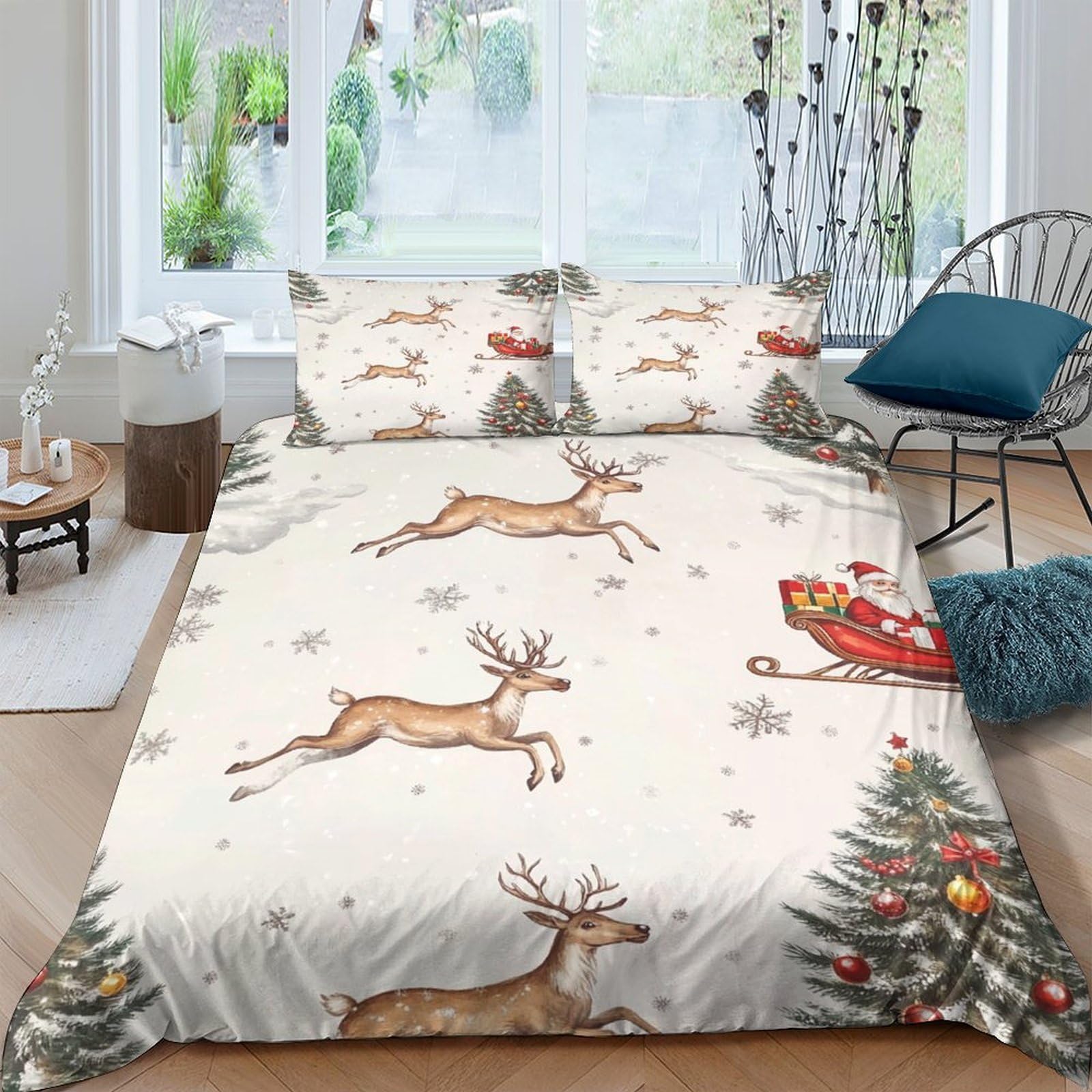 Ctjqhvkz Style-2 3D Printed Christmas Reindeer Fitted Sheet Microfiber Soft Sleigh Tree Bed Cover For Bedroom Guest Room Decor Single（135X200cm）