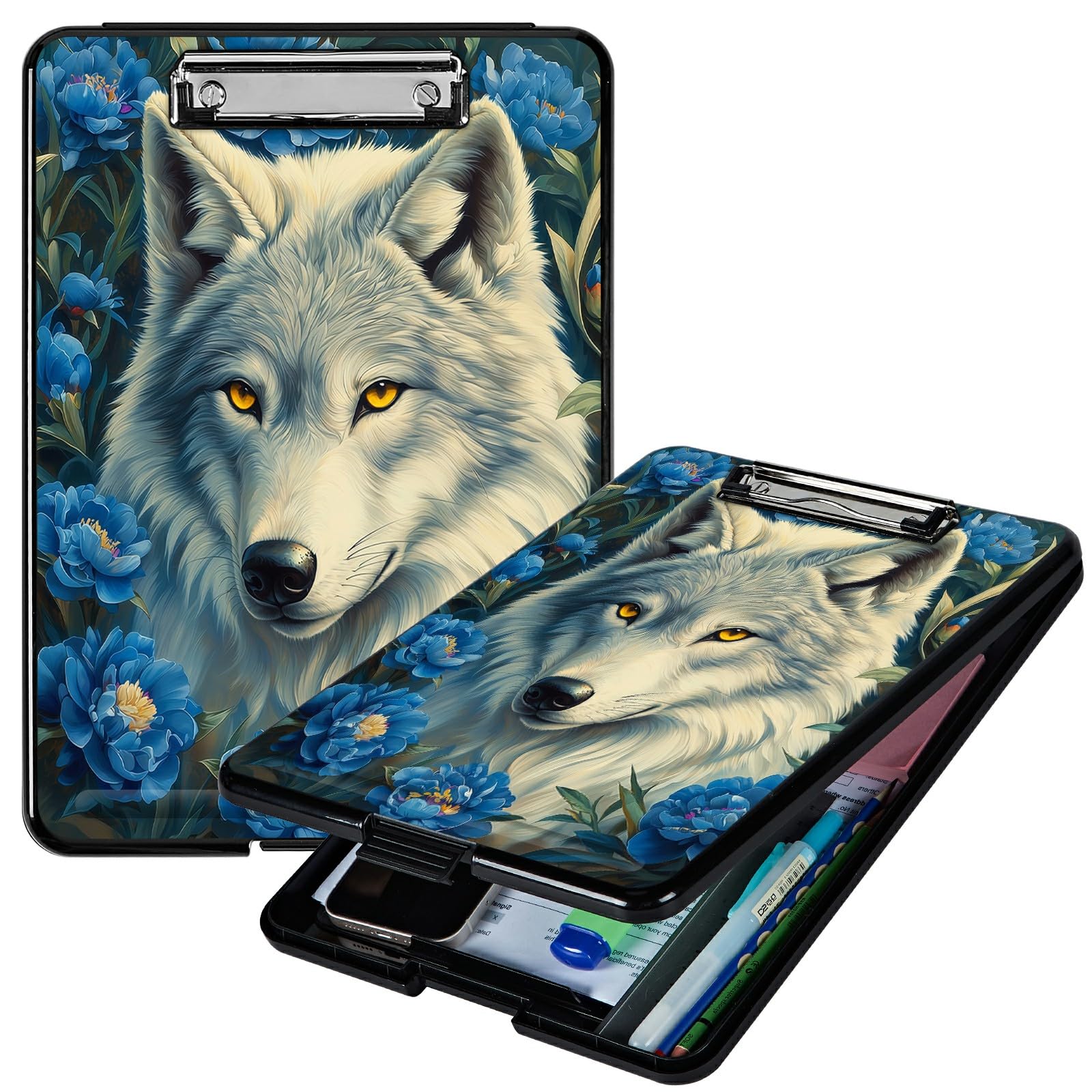 RWUTYTIUL Heavy Duty Storage Clipboard, Slim Nursing Clipboard with Internal Pen Case, Portable File Organizer Case for A4 Letter Size Paper Office Medical Professionals, Purple Flower Wolf