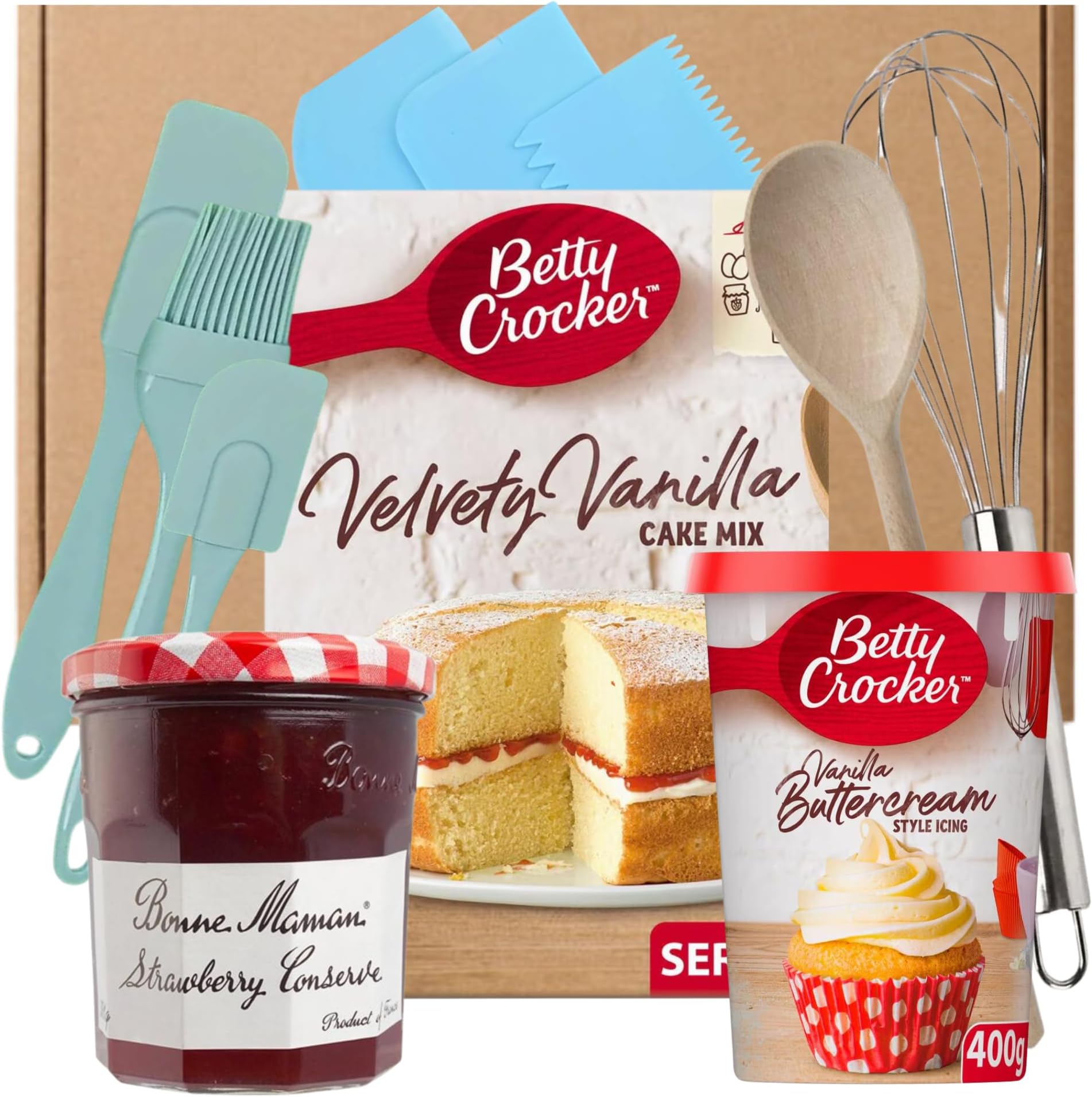 Victoria Sponge Cake Making Bundle With Betty Crocker Cake Mix 425g, Vanilla Buttercream Icing 400g, Bonne Maman Strawberry Conserve 370g, Spatula Baking Set, Spoon, Cake Scrapers & Whisk.