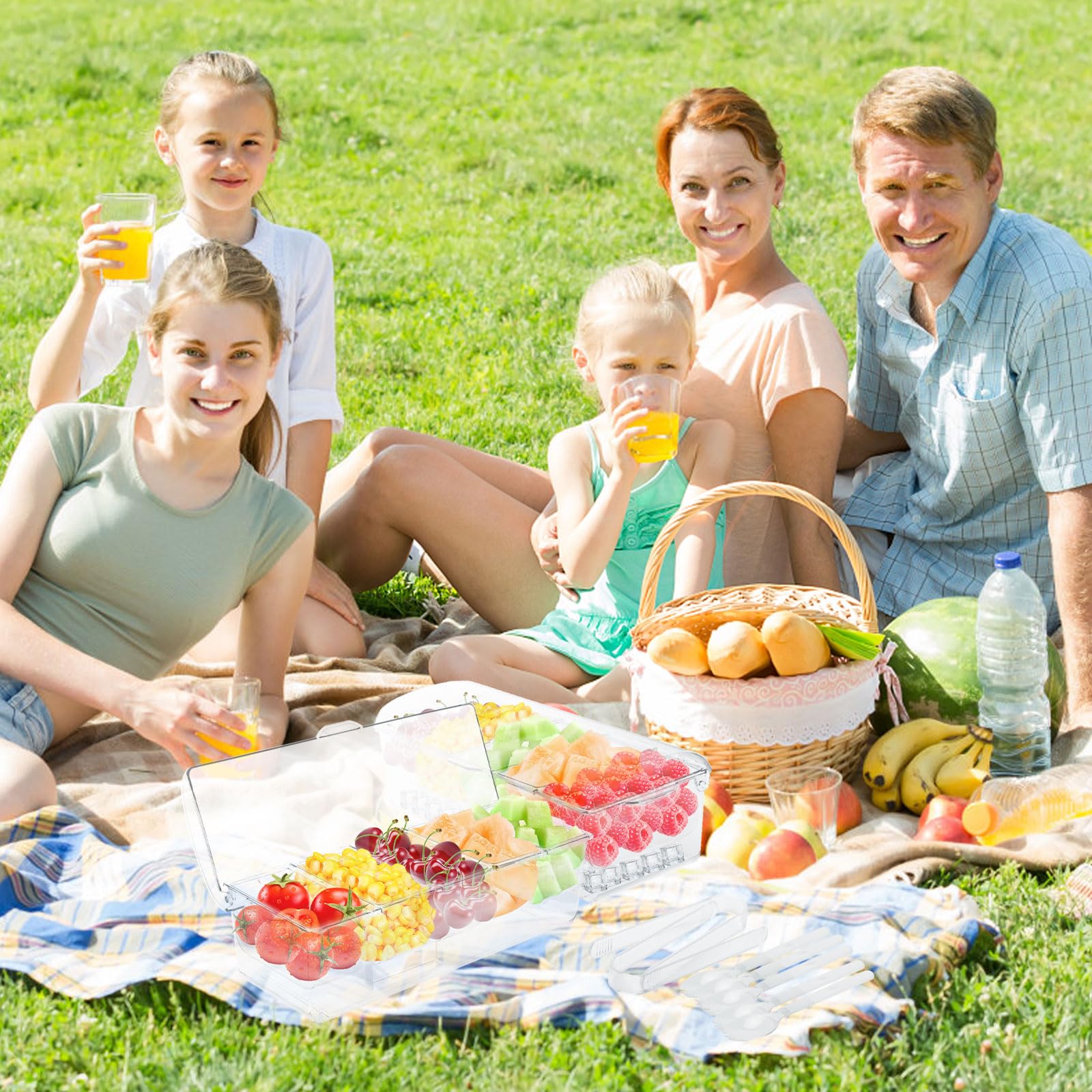 Kühle Genüsse - Ice Bar Set mit 5 Einsätzen, 5 Löffeln und 2 Zangen - Cocktailparty, Bar, Buffet - Pizza, Obst - BPA-frei, leicht zu reinigen - Großer Kapazität, Serviertablett für Obst