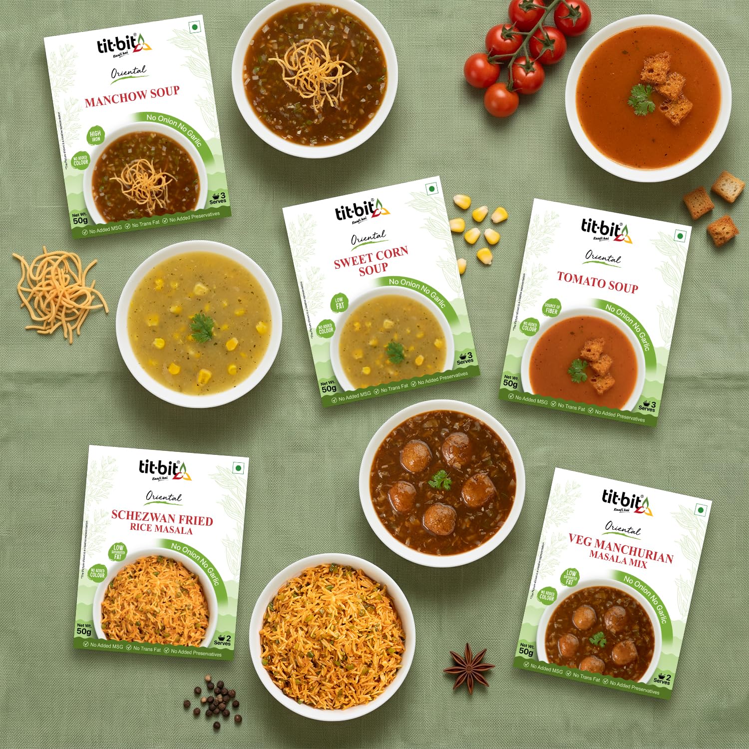 Tit-Bit Oriental - No Onion No Garlic Veg Manchurian Masala, Schezwan Fried Rice Masala, Tomato, Sweet Corn & Manchow Soup - Quick & Easy to Make - Pack of 5 (250g)