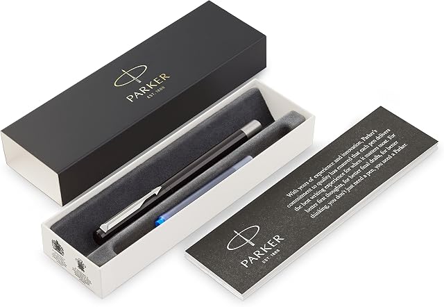 Parker Vector Fountain Pen | Black with Chrome Trim | Medium Nib | Blue Ink | Gift Box