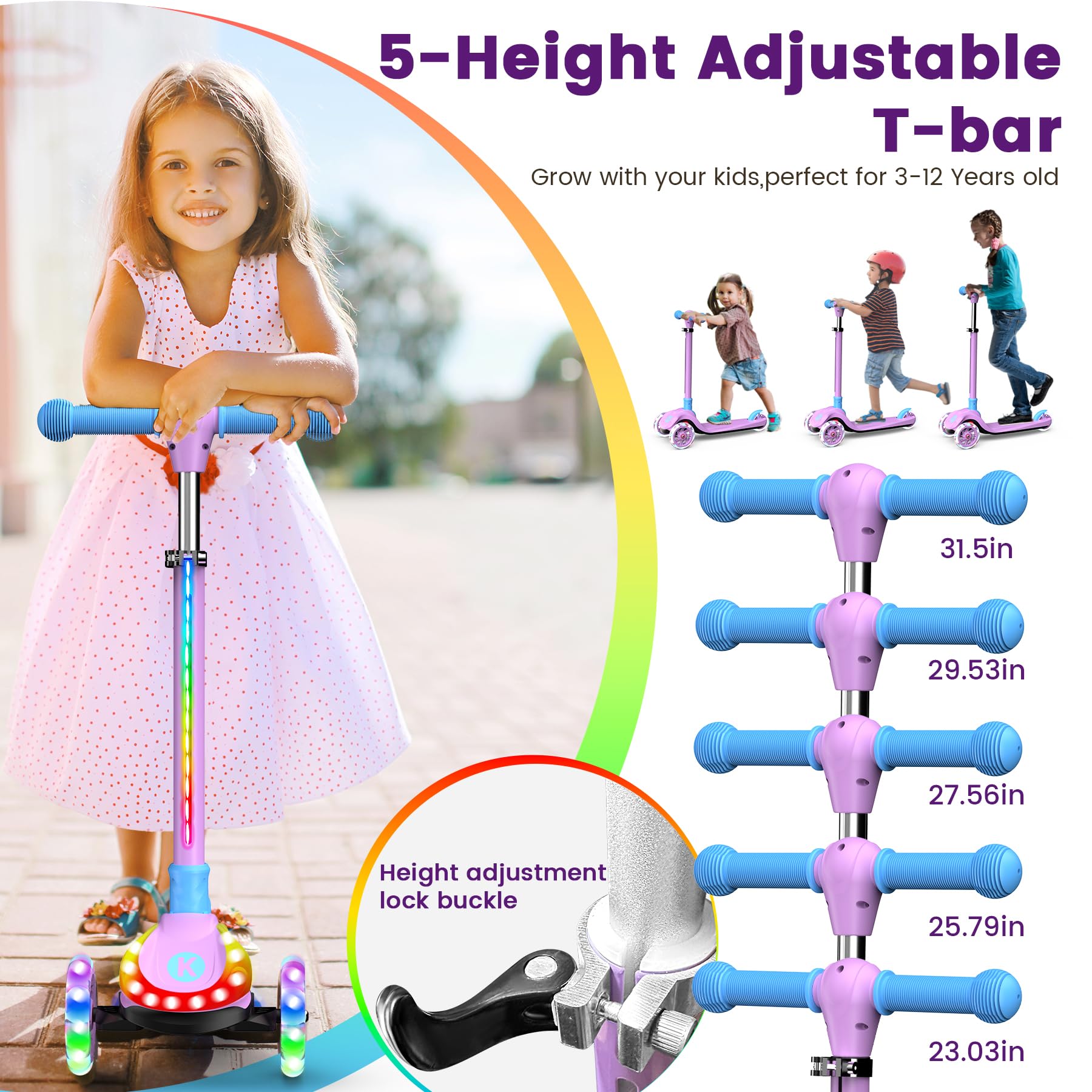 2-in-1 Verstellbarer Kinderroller, 3–12 Jahre, 5-stufiger Lenker, Abnehmbarer Sitz, LED-Räder, faltbar, Pink (Mädchen & Jungen) Schwarz