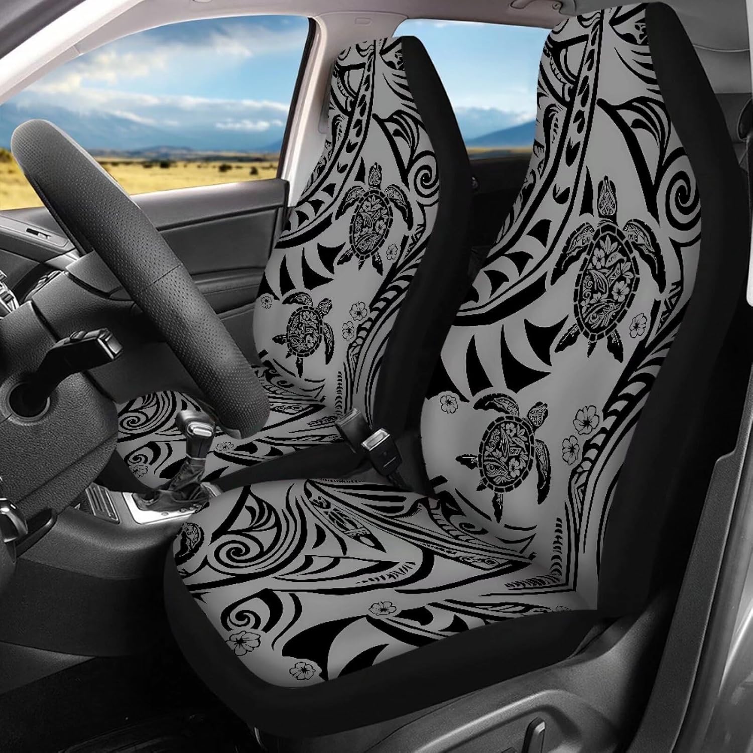 Tribal Sea Turtle Car Seat Covers, Hawaiian Tortoise Car Front Seat and Split Rear Seat Protector Cover, Ethnic Flower Island Wave Automotive Interior Accessories