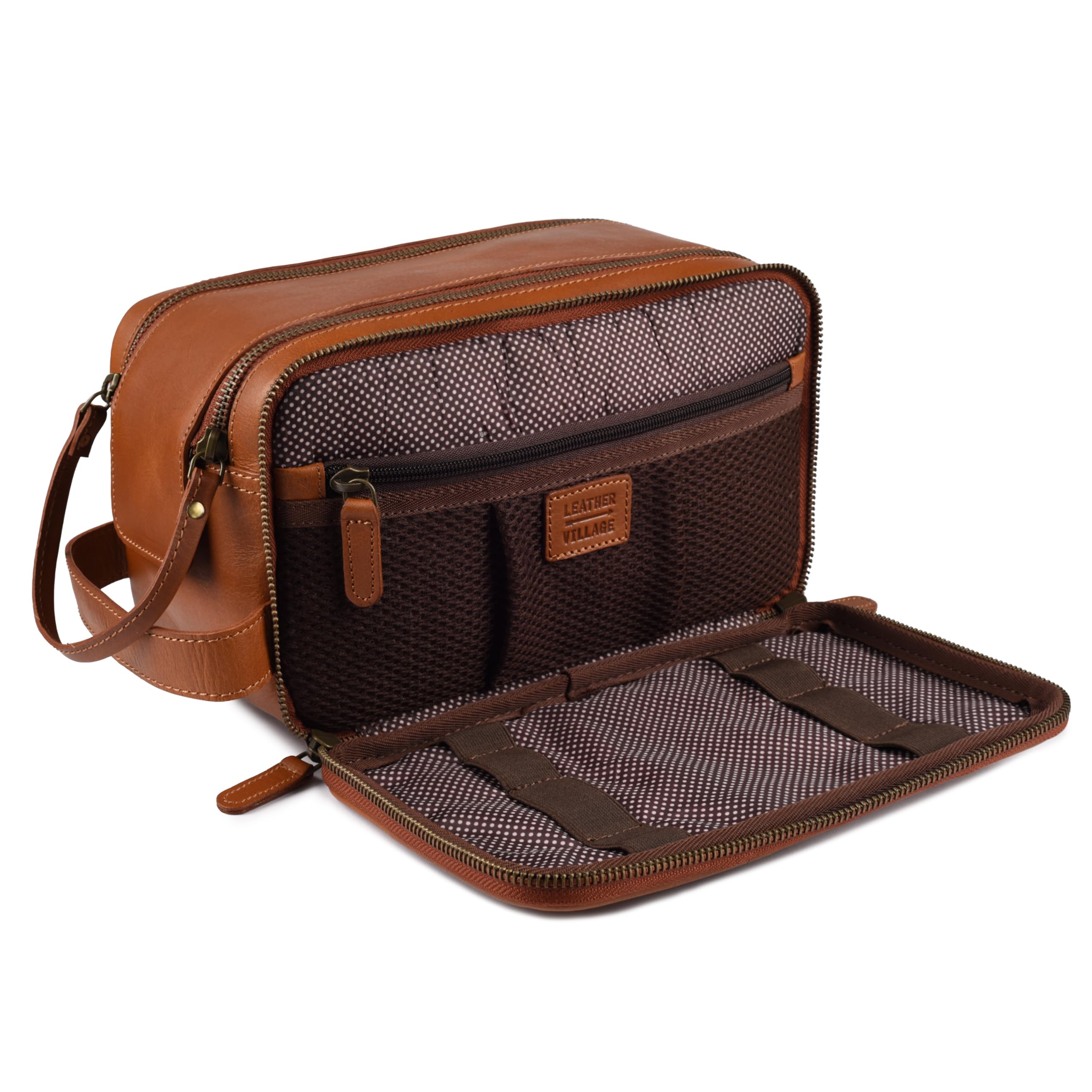 LEATHER VILLAGE Borsa da toilette Dopp in pelle per uomo e donna, marrone | Borsa da viaggio multi tasca con scomparti multipli con cerniera, spaziosa e resistente organizer per articoli da toeletta e