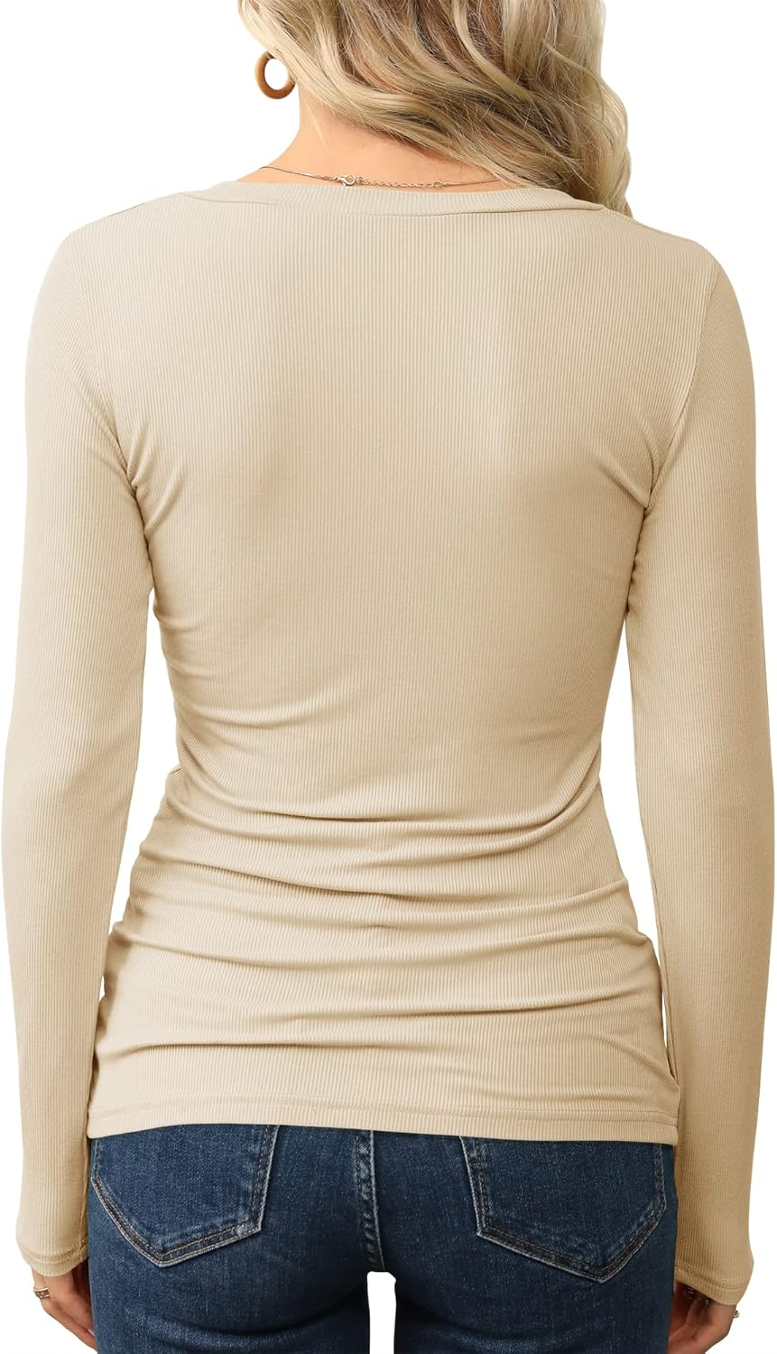 GEMBERA Women’s V Neck Ribbed Knit Long Sleeve Tops Casual Slim Fitted Basic Shirts - Image 3