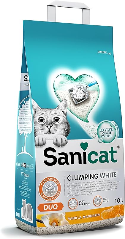Sanicat - Litière pour Chats agglomérante Blanche - Parfum de Vanille et Mandarine, Fabriquée à partir de minéraux naturels avec contrôle d'odeur, Capacité de 10 L