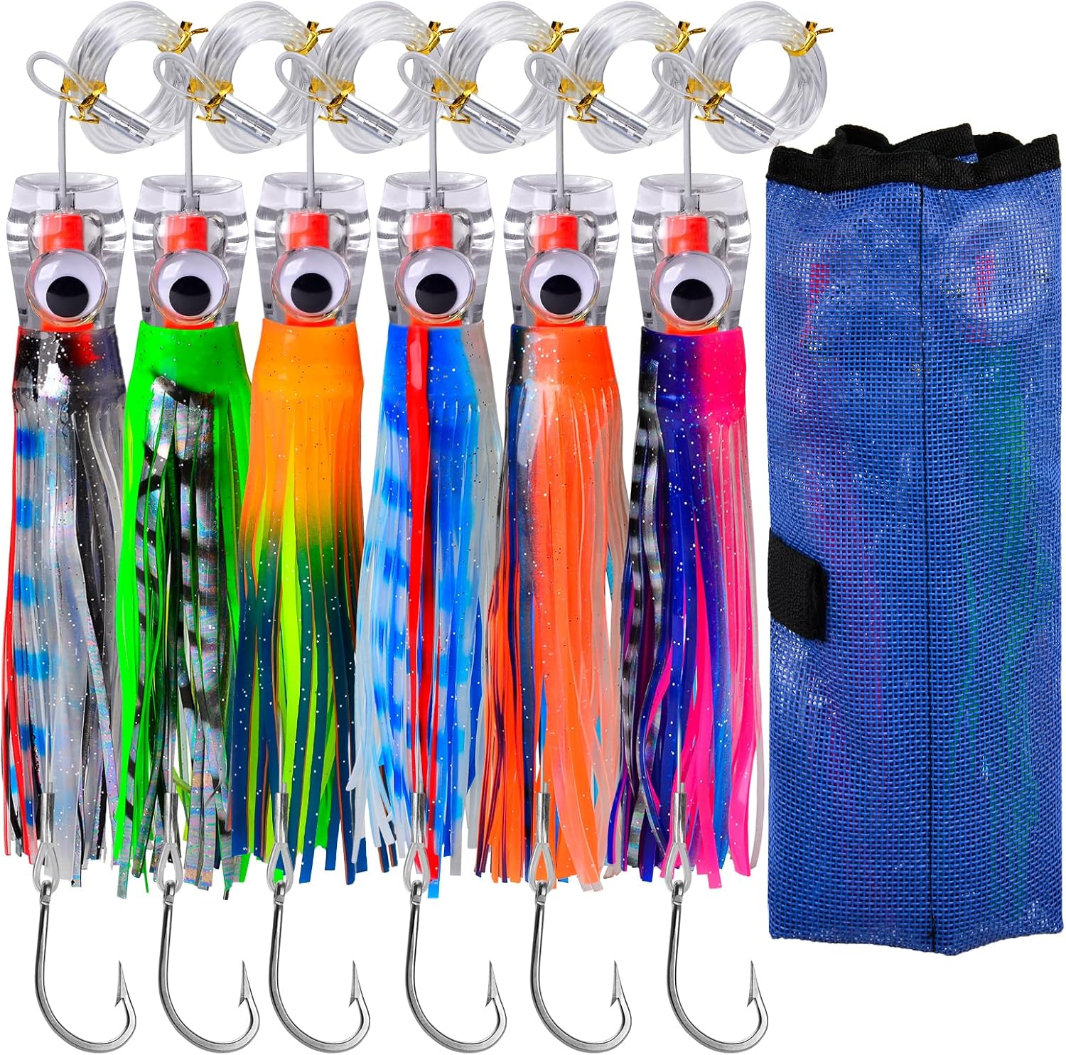 Fishing Trolling Lures - Big Game Deep Sea Fishing Saltwater Rigged Trolling Lure for Marlin Tuna Wahoo Mahi Dolphin - 6-9 inch 6pcs Bait Set with Mesh Bag
