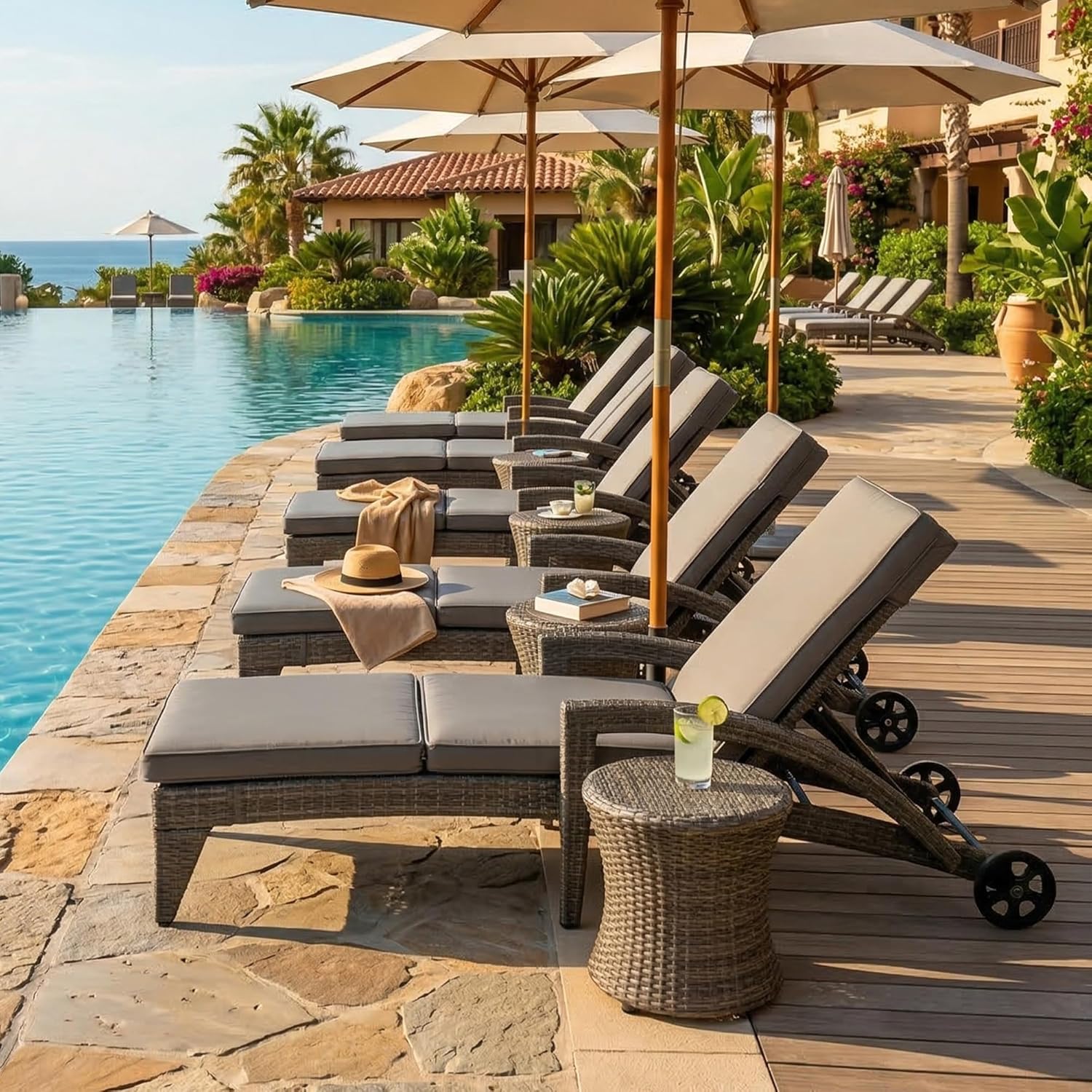 Chaise Lounge Chairs Set of 4, Upholstered 4-Positions Adjustable Lounge Chairs, Wicker Outdoor Long Reclining Chaise Lounge Set Pool Lounge Chairs with Wheels for/Deck/Beach/Yard, Grey