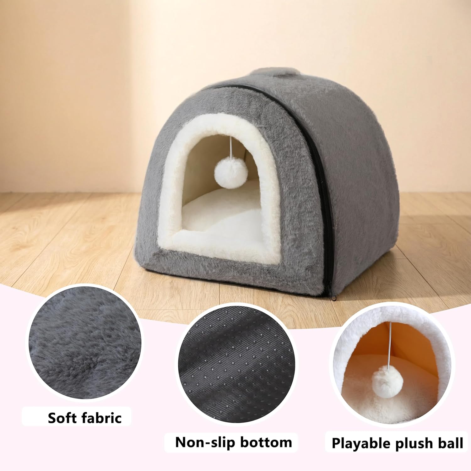 Cat Bed for Indoor Cats，Foldable cat cave，Anti-Slip & Water-Resistant Bottom，cat Houses for Indoor Cats or Small Dogs, Kitten Tent, Rabbit Bed，2 in 1 pet Bed (Dark Grey)
