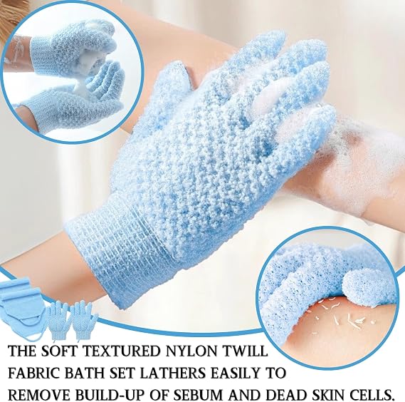 Bath Sets, 2Pcs Exfoliating Glove and 2Pcs Body Scrubber, Back Scrubbers for Use in Shower, Exfoliating Mitt and Exfoliating Towel for Body, Face, Shower, Bath and Deep Cleansing (Blue)