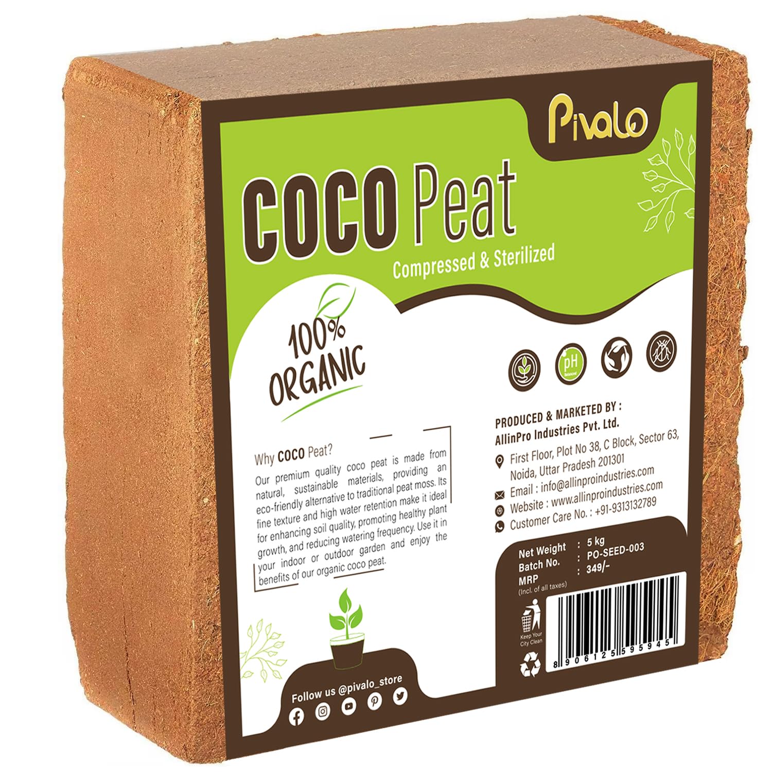 Cocopeat Block Organic Fertilizer & Soil Manure Compost Khaad Coco Peat Potting Mixture for Home Gardening and Potted Plants (4 to 5 Kg - Depend on Weather Moisture)