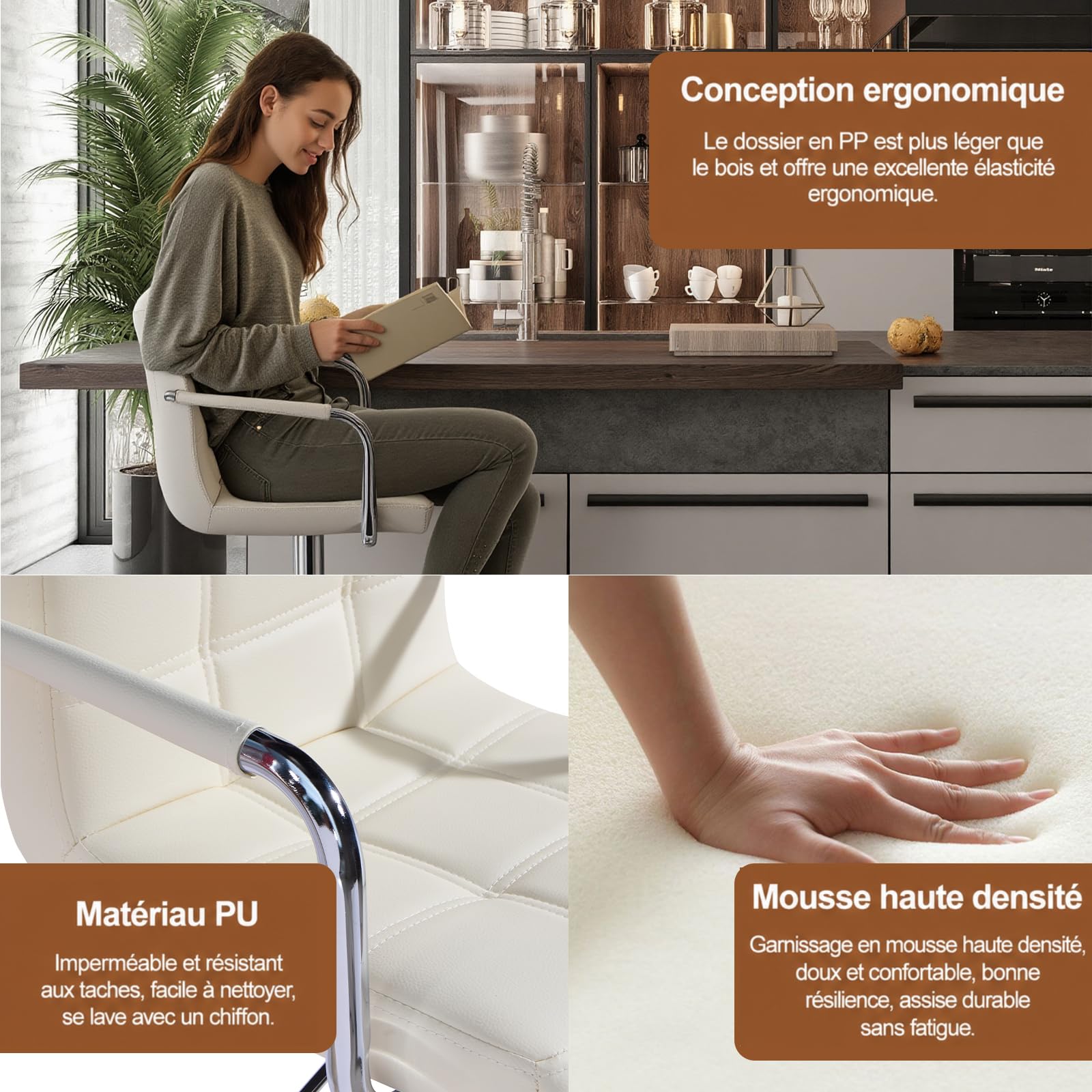 Panana Lot de 2 Tabourets de Bar, Chaises Haut, Hauteur Réglable, Revêtement en PU, Rotatif sur 360°, avec Accoudoirs, Dossier et Repose-Pieds, Pied Chromé (Beige)