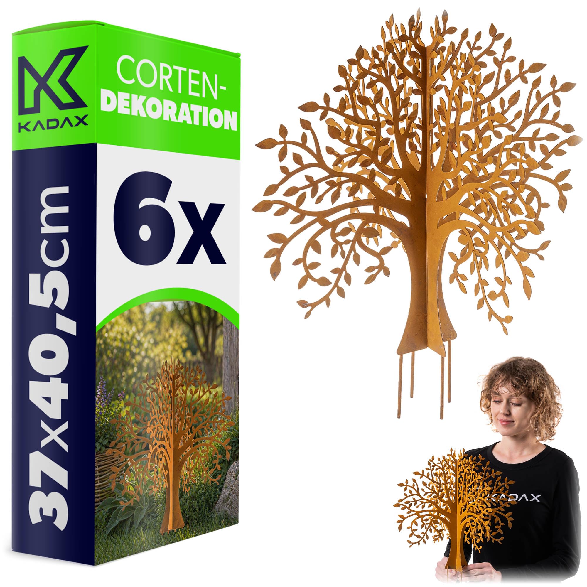 KADAX 6er Set Gartenstecker Baum aus Cortenstahl, Edelrost Gartendeko zum Stecken, Rostoptik Metallstecker für Garten, wetterfeste Deko aus Metall, Roststecker