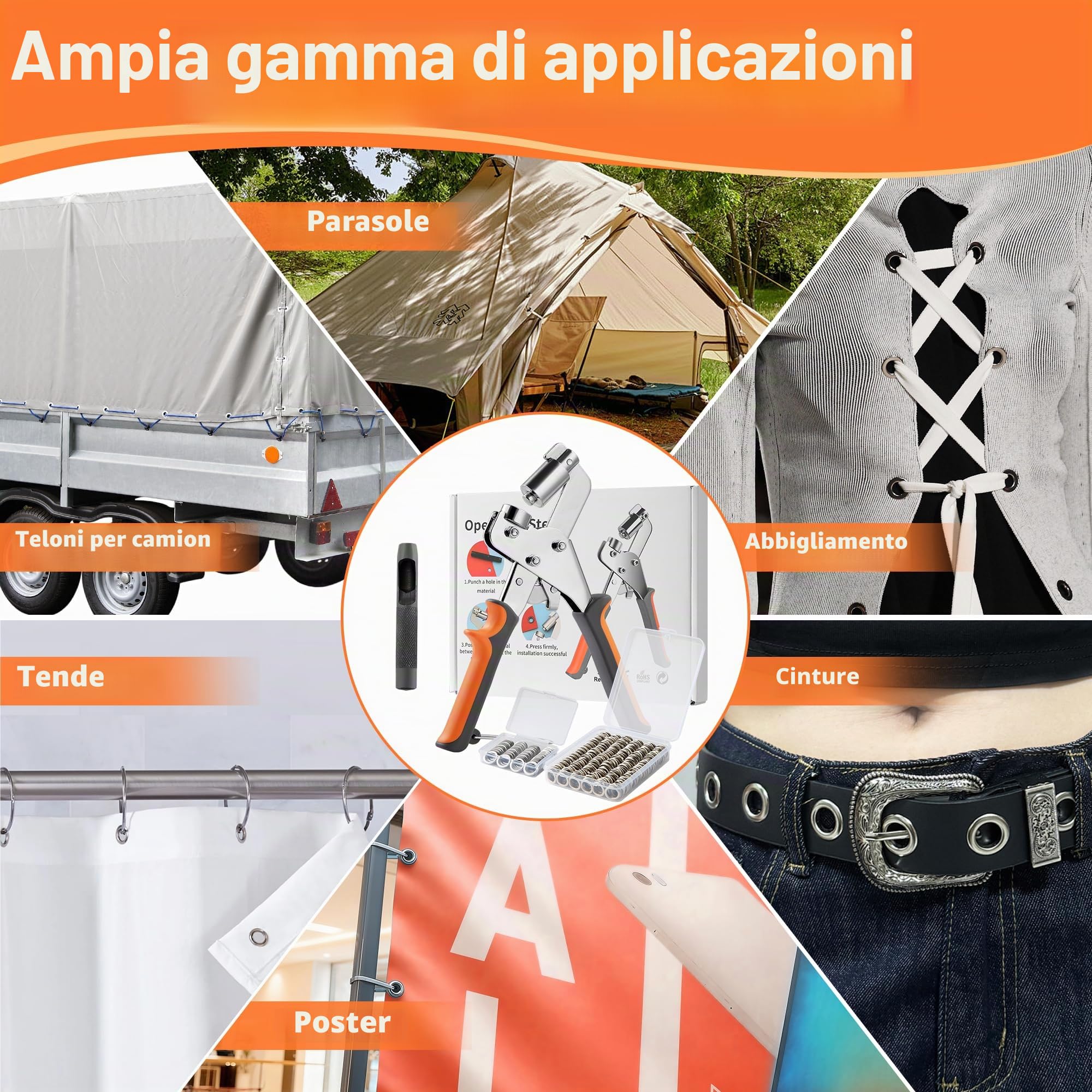 Pinza occhiellatrice manuale set con 1 Pinza per occhielli metallici, 1 punzone in acciaio, 300 paia di occhielli per teloni e rondelle, per tessuti, pelle, jeans e occhielli per tessuti
