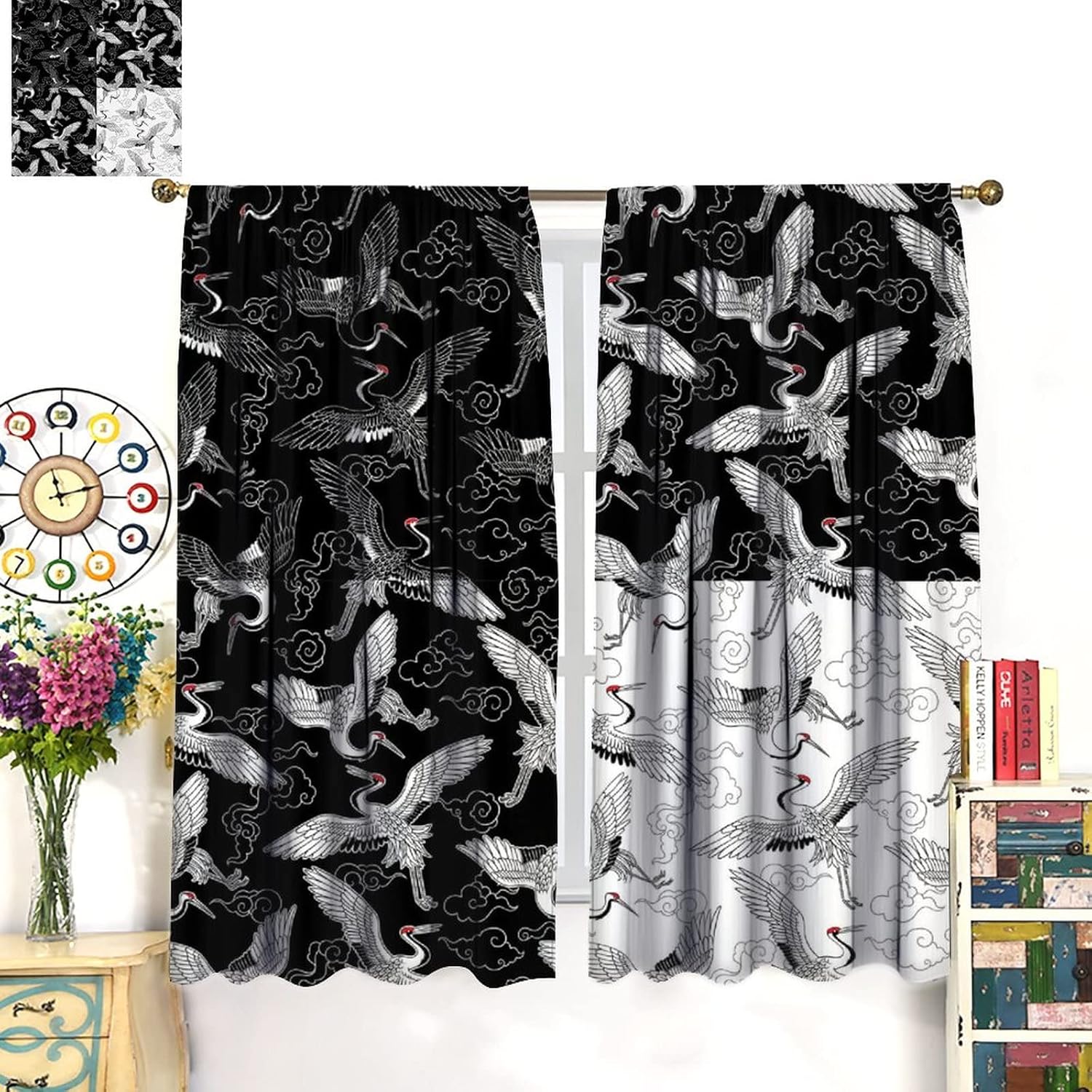 Fairy Crane Curtains Black White Japanese Style Art Fairy Crane Puzzles Bedroom Rod Pocket Blackout Window Drapes 2 Panels Set 42x45in