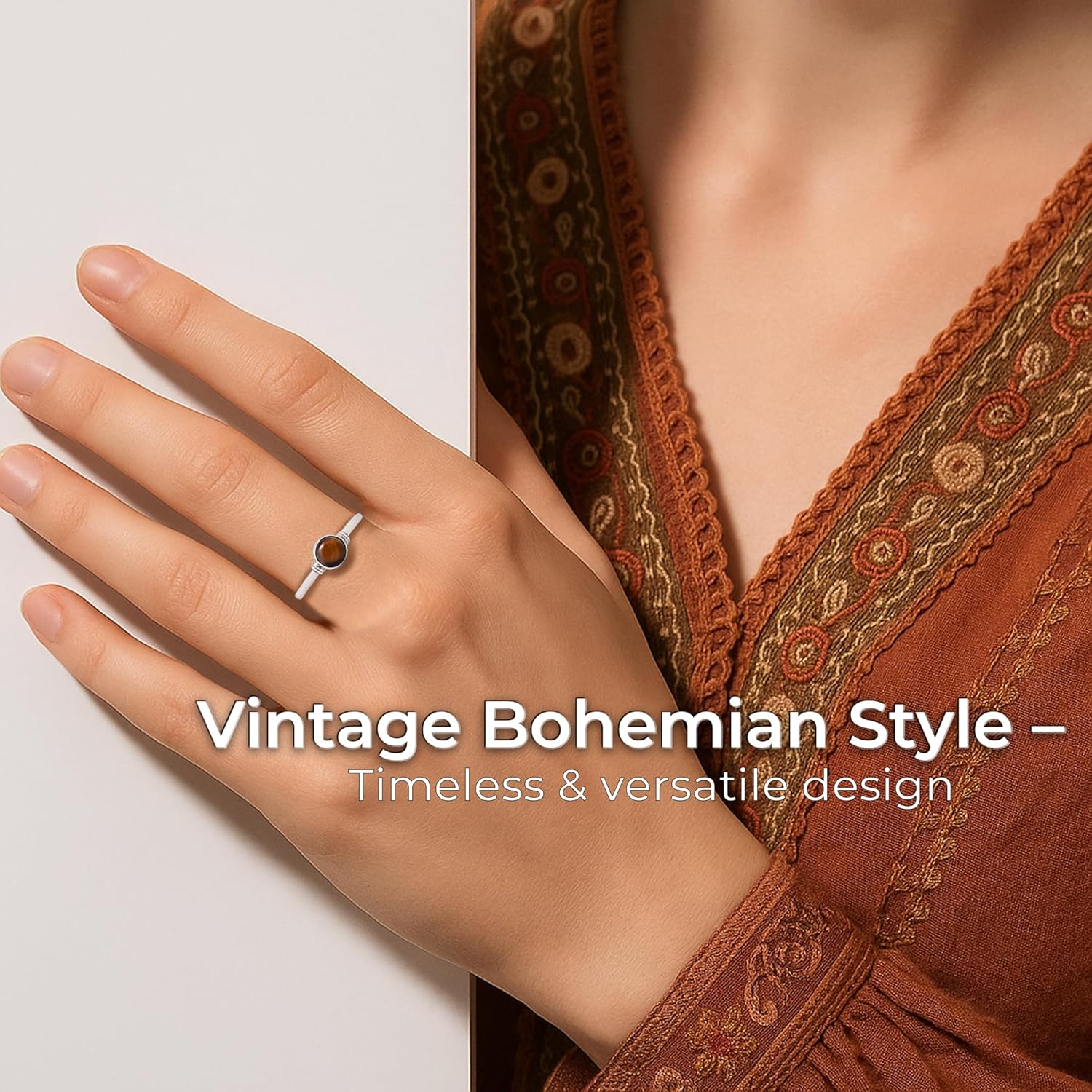 Tiger Eye Round Stone Delicate Ring 925 Sterling Silver Vintage Tribal Gipsy Boho Look - Image 5