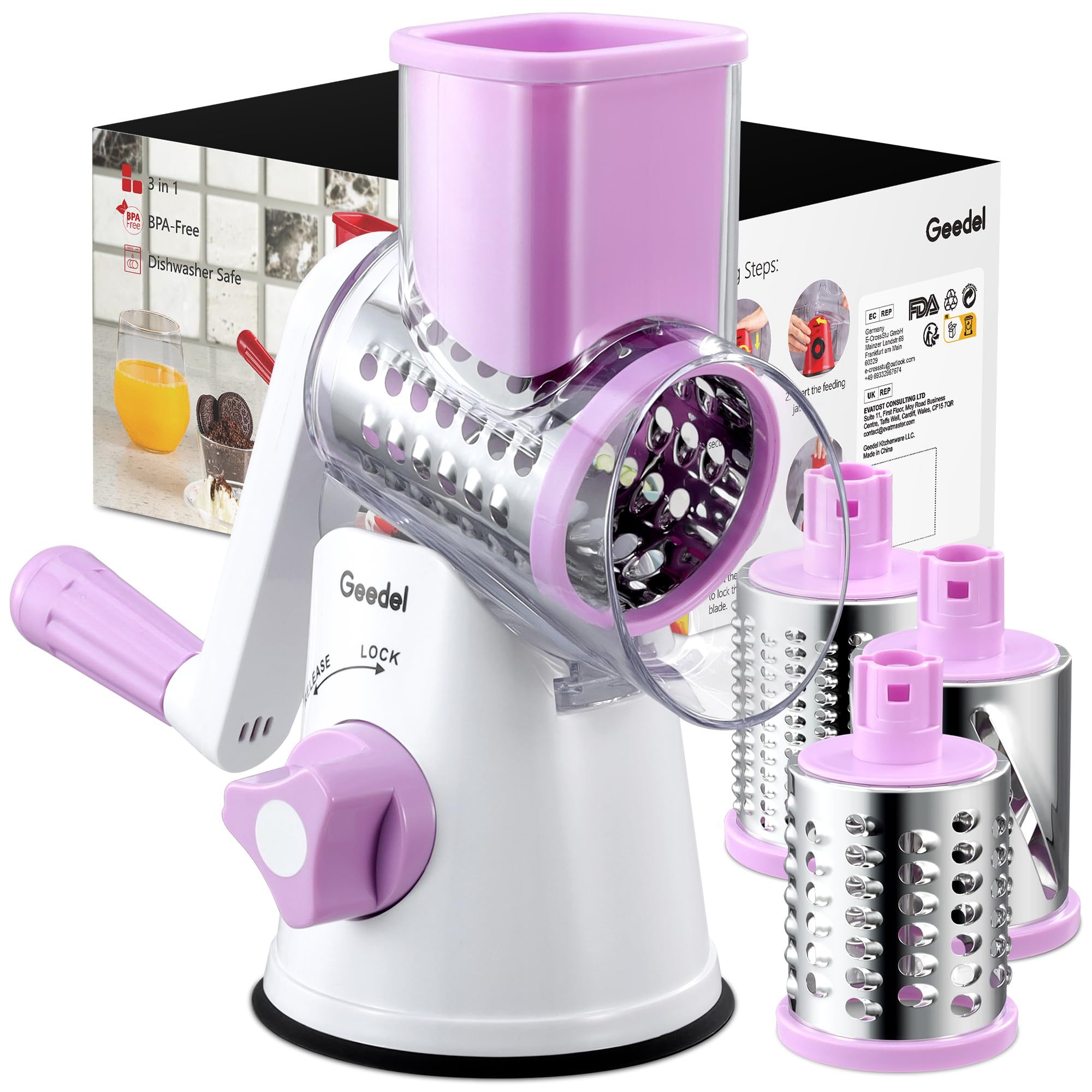 Geedel Rotary Cheese Grater, Kitchen Mandoline Vegetable Slicer with 3 Interchangeable Blades, Easy to Clean Rotary Grater Slicer for Fruit, Vegetables, Nuts