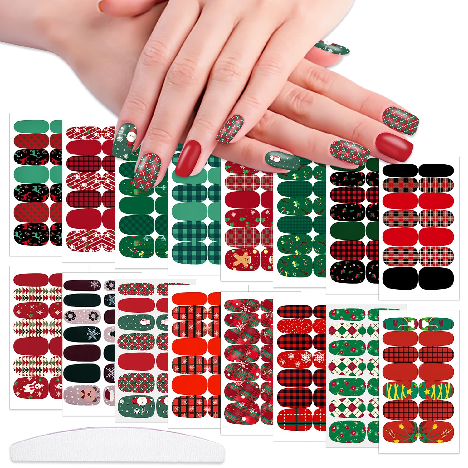 WOKOTO 16 Sheets Christmas Nail Polish Stickers Nail Strips for Women - Santa Claus, Elk, Snow Man, Christmas Tree Designs