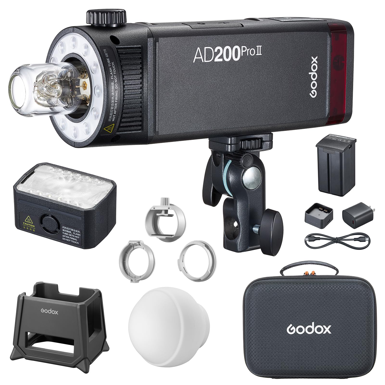 Godox AD200ProII 200 W Speedlite, 2,4 G bezprzewodowa lampa błyskowa TTL, 1/8000 s HSS, czas ładowania 0,01 – 1,8 s, z oświetleniem dwukolorowym, dyfuzorem i uchwytem na lampę błyskową, ochrona