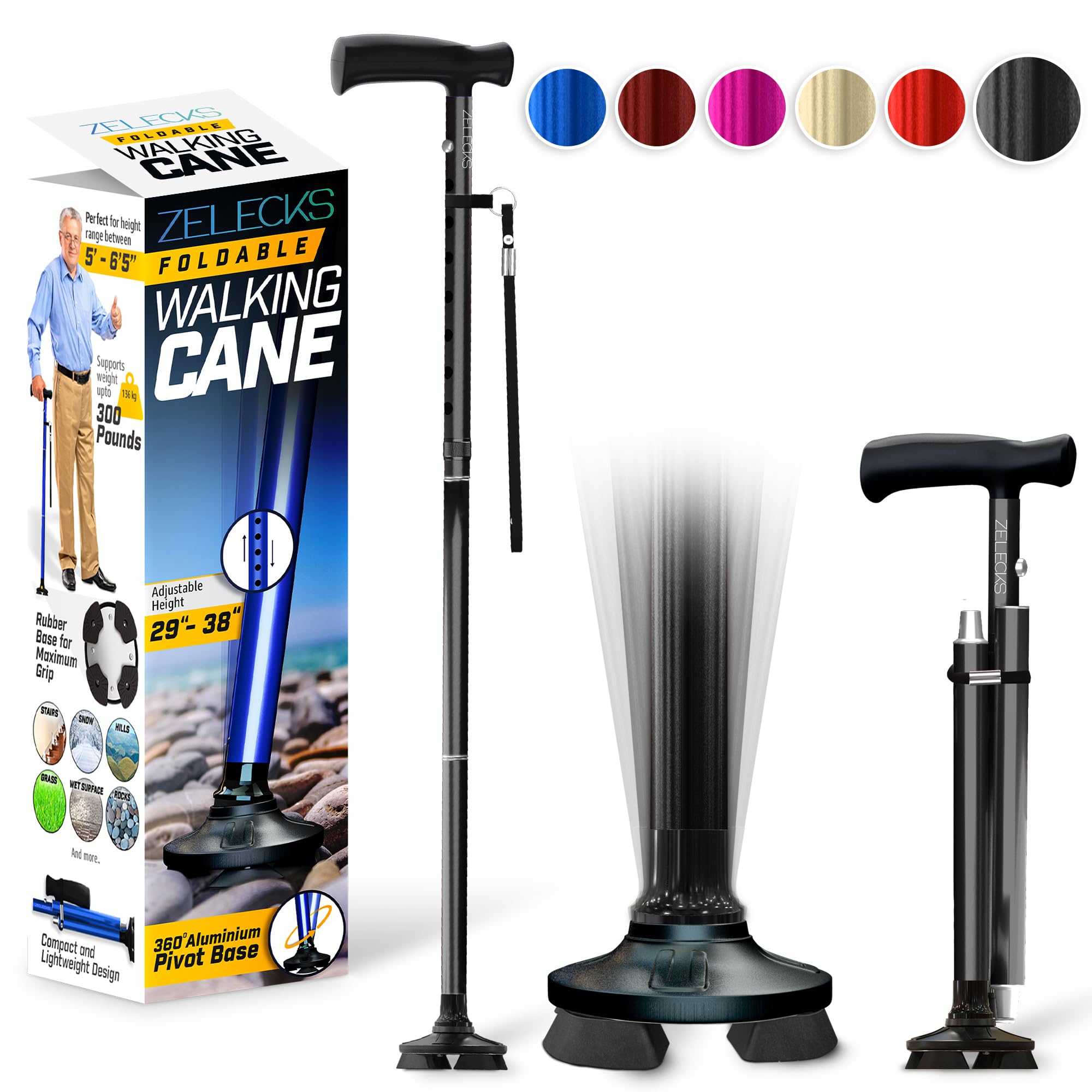 ZELECKS Walking Cane for Women & Men - Self Standing Adjustable Folding Cane with T Handle and 360 Pivot Base - Lightweight Foldable Walking Stick for Seniors - Collapsible Cane for Walking