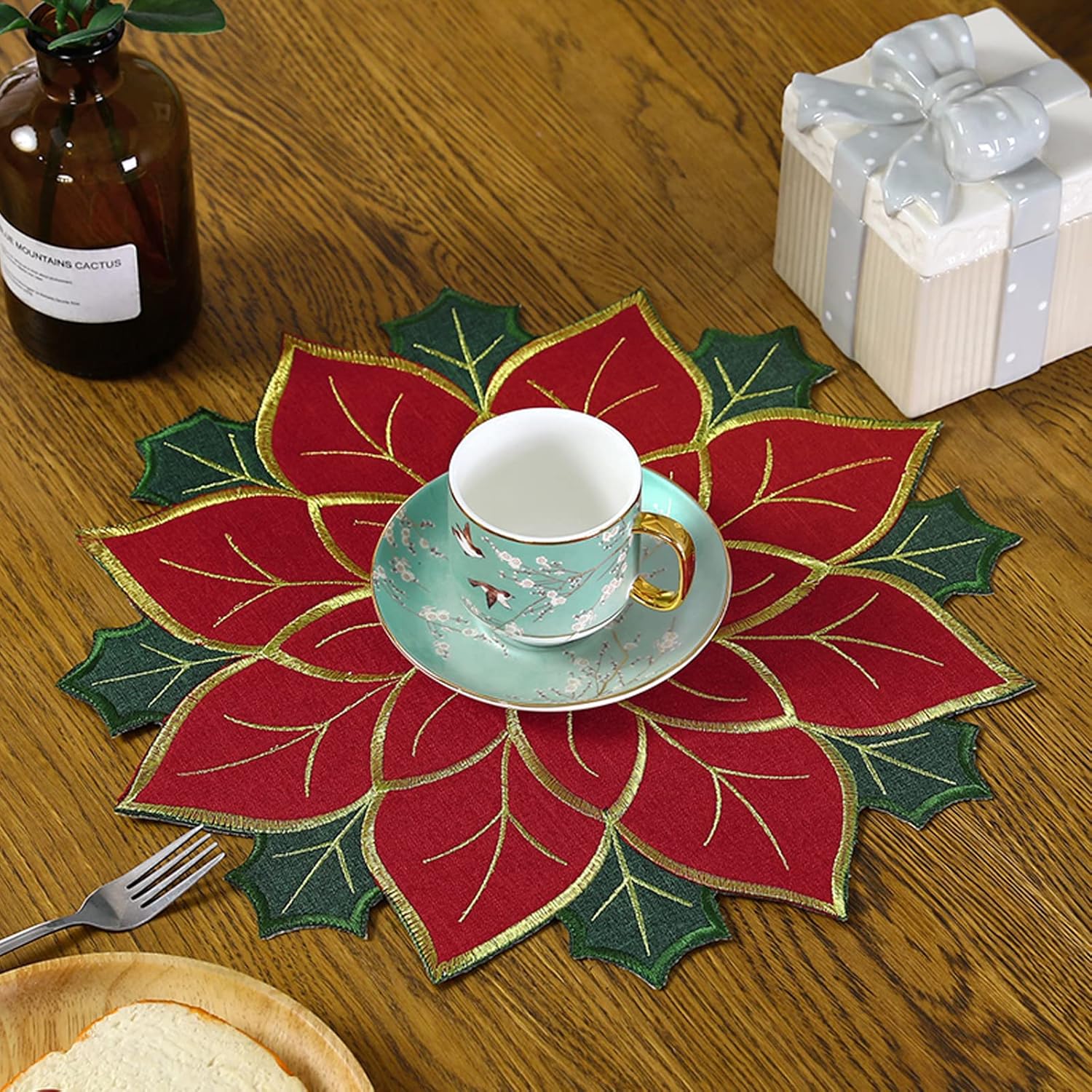 Christmas Placemats, 16inch Round Holiday Christmas Embroidered Placemats Embroidered Red Poinsettia Table Mats, Christmas Flower Placemat for Christmas Table Decor(#3)