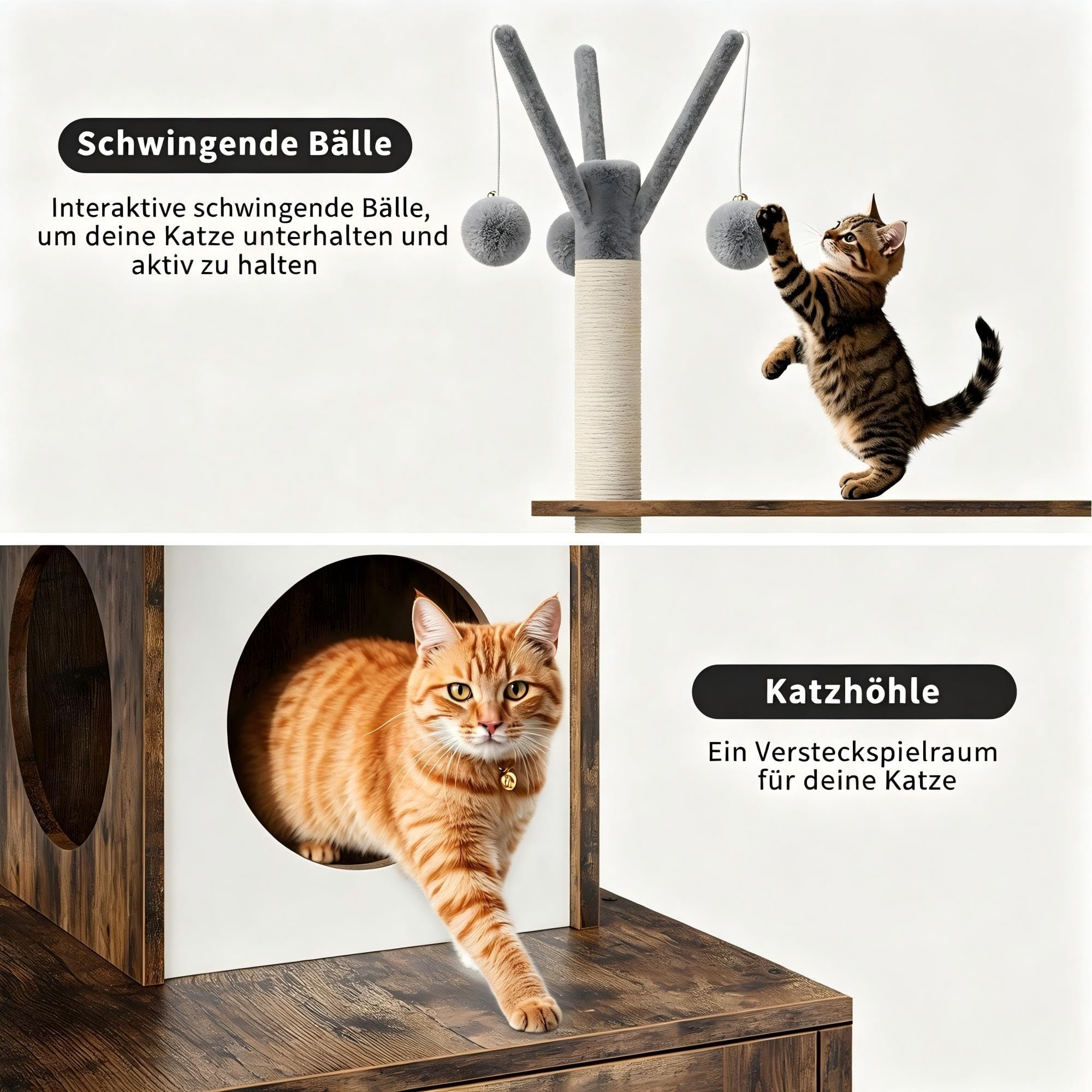 54,3" Katzenbaum mit Katzentoiletten-Schrank, 2-in-1 Kratzbaum mit Liegekorb und Plattform, Rustikales