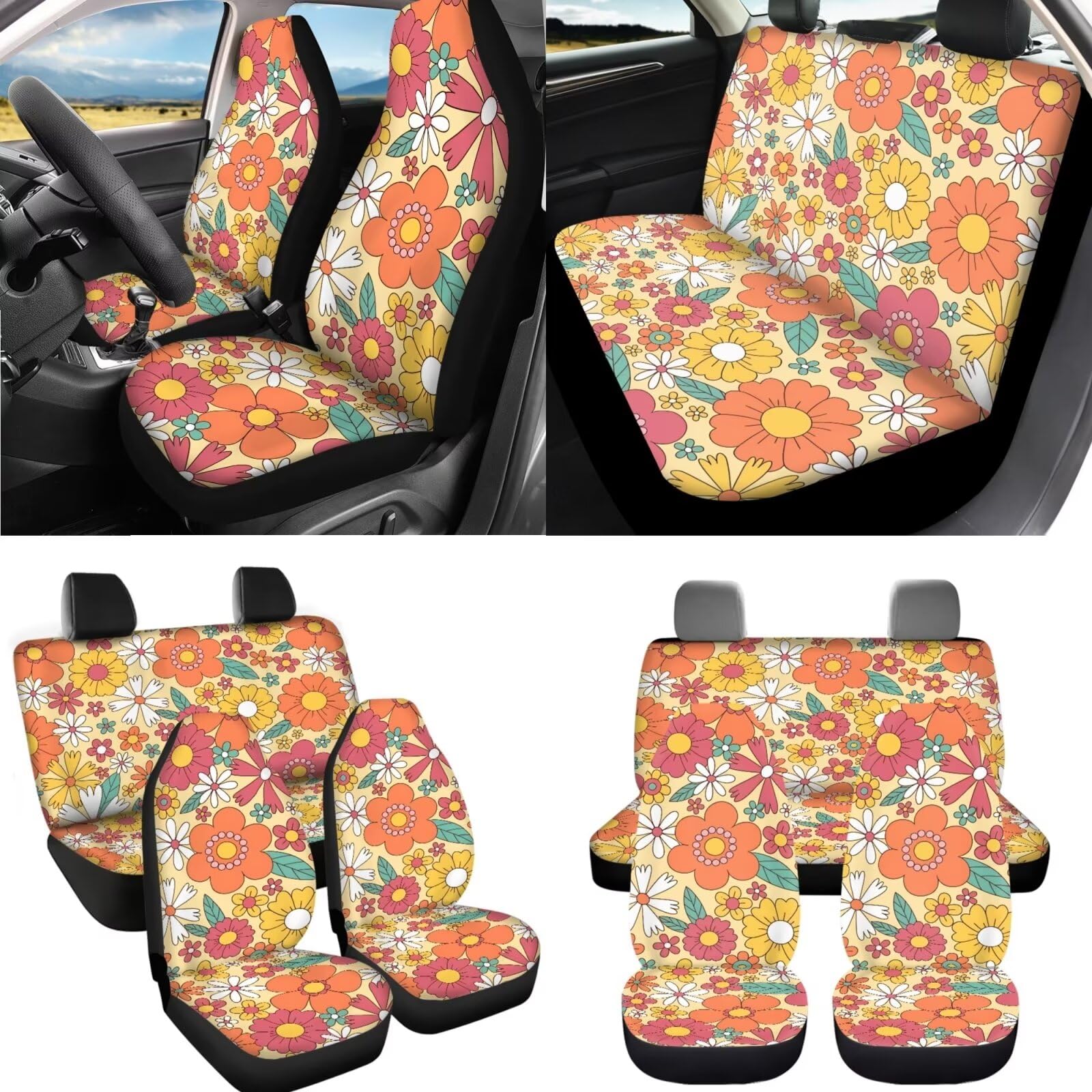 Ensemble complet de housses de siège et de volant de voiture pour femme avec coussins de ceinture moelleux, motif floral hippie années 70