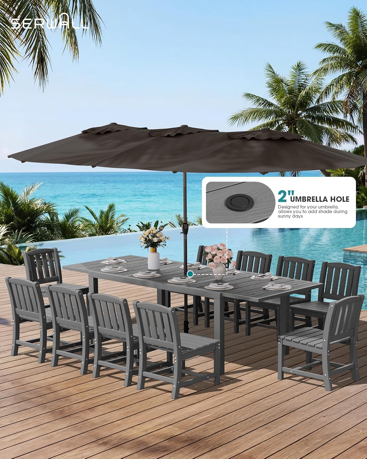 SERWALL 9-Piece Outdoor Dining Set, 60" - 83" Expandable Outdoor Dining Table and 8 HDPE Chairs, All Weather HDPE Outdoor Furniture Set for Backyard, Garden, Grey