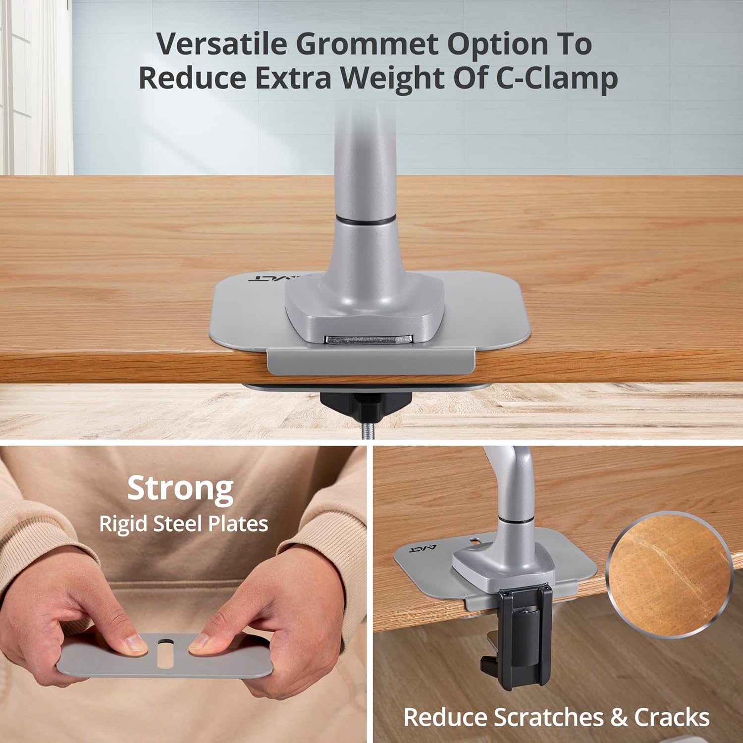 AVLT Adjustable Reinforcement Plate Bracket Mount for Fragile Tabletop - Supports Monitor Stand/Arm with C Clamp Or Grommet Installation - Gray