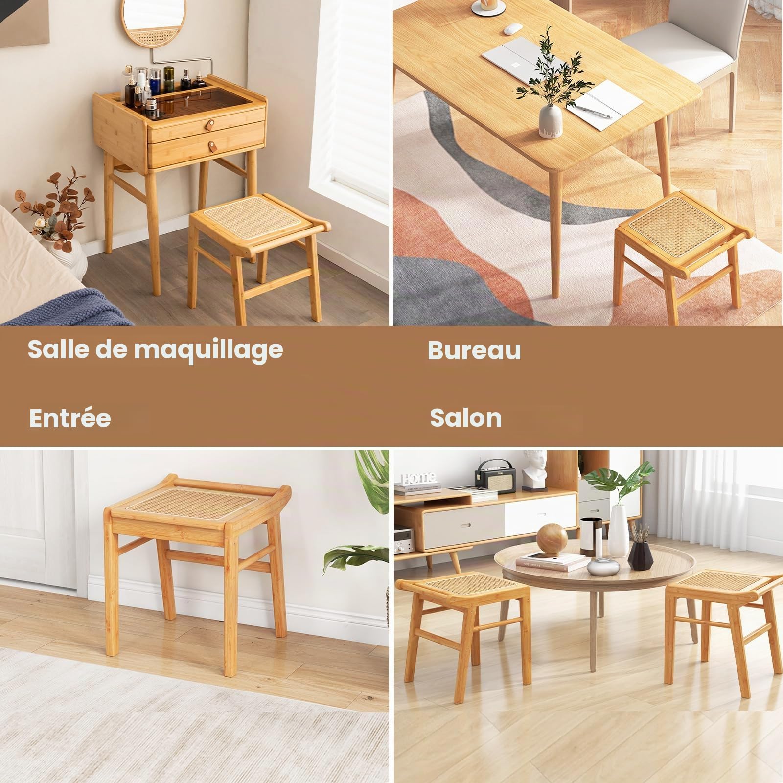 HOMASIS Tabouret de toilette de maquillage en bambou, banquette assise en bambou et rotin capacité de charge jusqu'à 120 kg, petite chaise cosmétique coiffeuse, salon, chambre à TF11088XKES