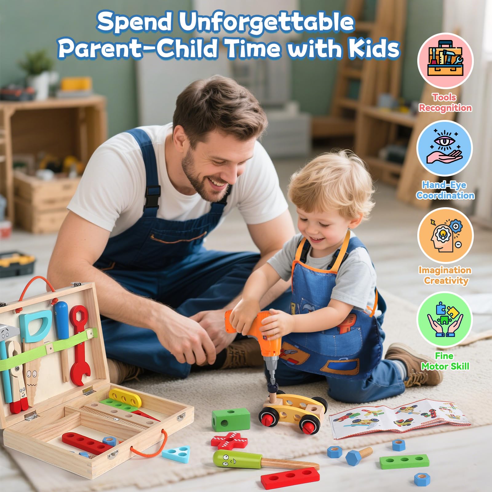 TONZE Caja Herramientas Juguetes Niños 3 4 5 6 Años, Juegos Educativos Niños 2 3 Años, 52 Piezas Juegos de Construcción de Madera Caja Juguetes con Delantal Bricolaje Regalos Niños Niña 3 4 5 6 Años | Kit de herramientas Montessori de 47 piezas con delant