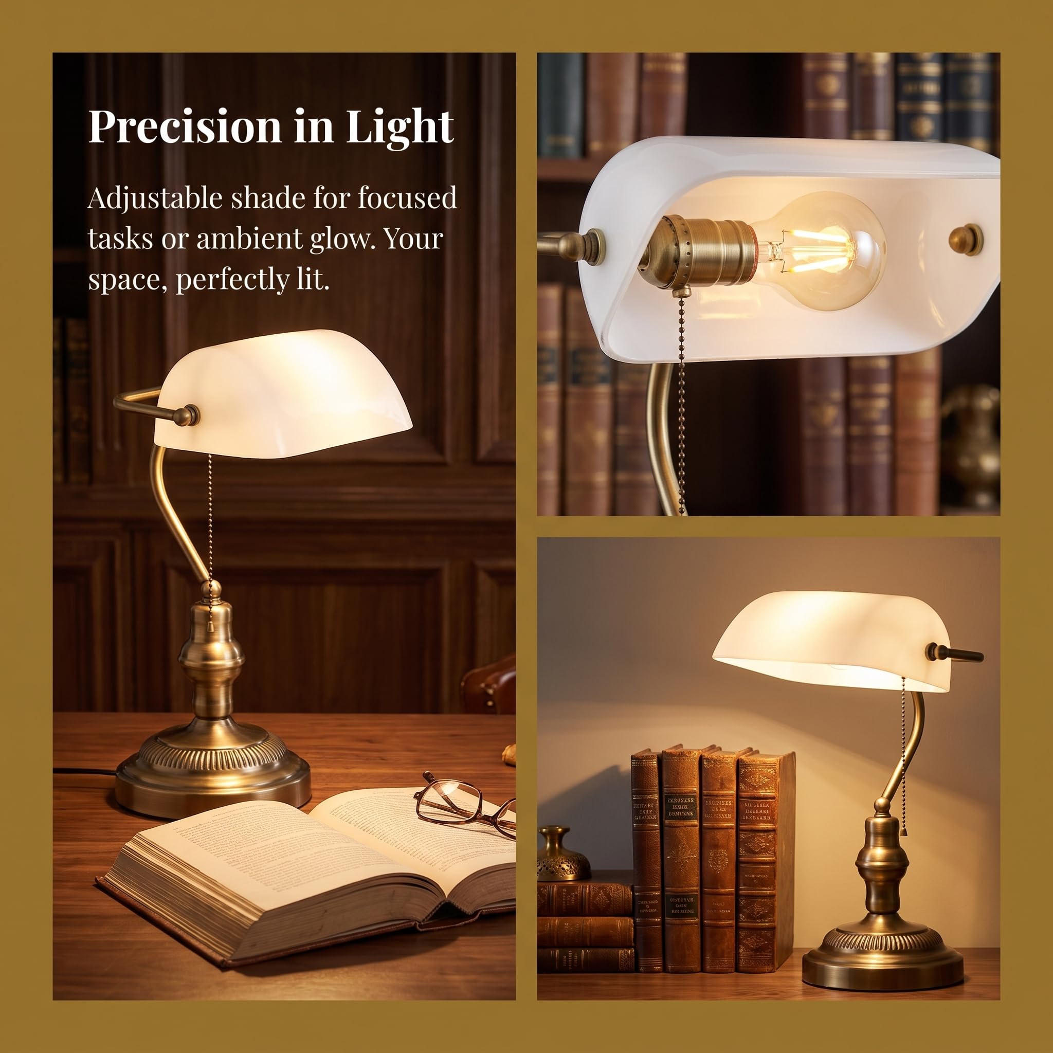 BARCELONA LED Tischlampe Vintage BANKIER E27 – Retro Schreibtischlampe mit weißem Glasschirm, Metallfuß in Messing/Chrom/Nickel, Ideal für Büro, Arbeitszimmer, Wohnzimmer und Restaurant