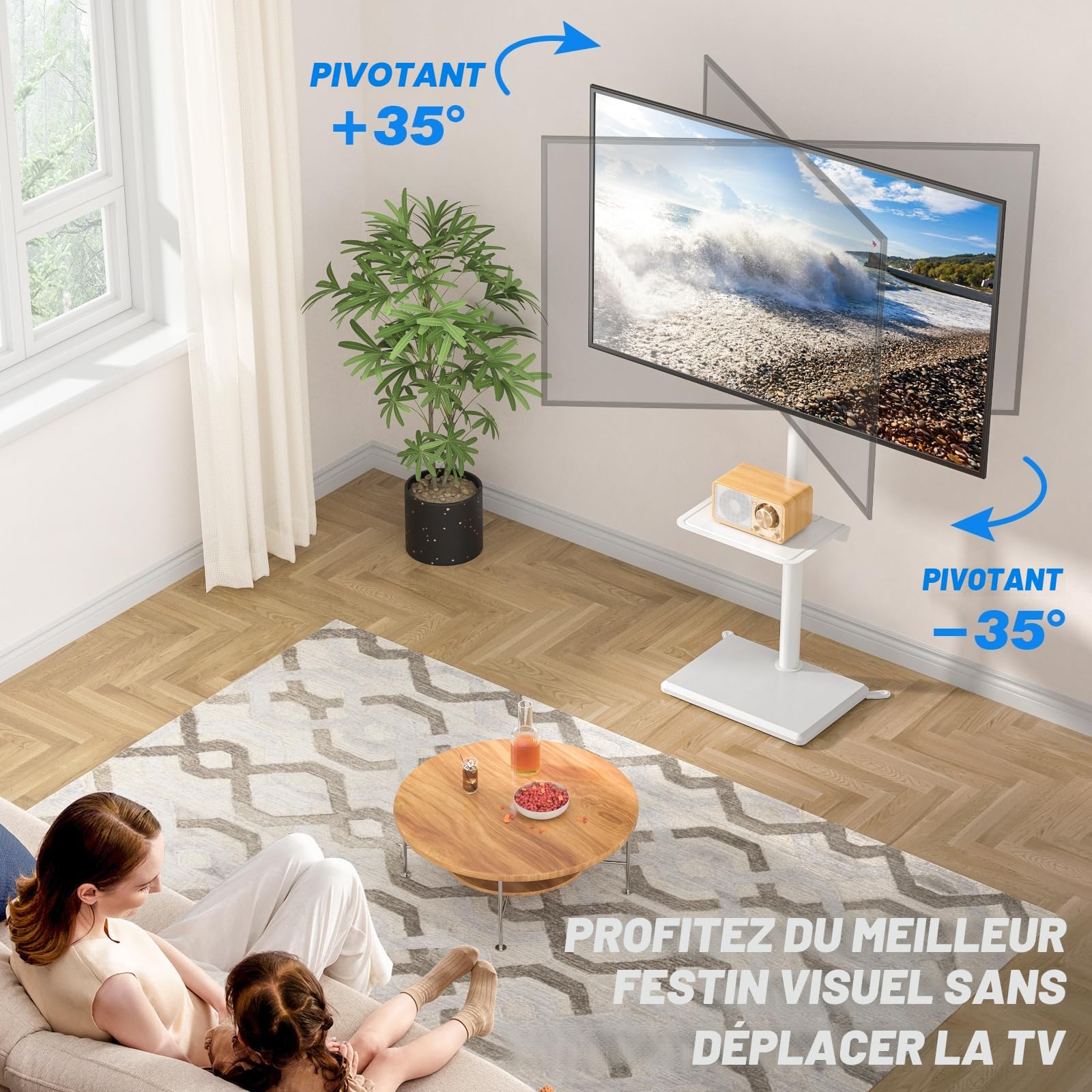 5Rcom Support TV au sol universel pivotant avec support pour téléviseurs de 32 à 55 pouces jusqu'à 40 kg, hauteur réglable avec pivot, haut support TV avec base en bois blanc, VESA max 400 x 400 mm