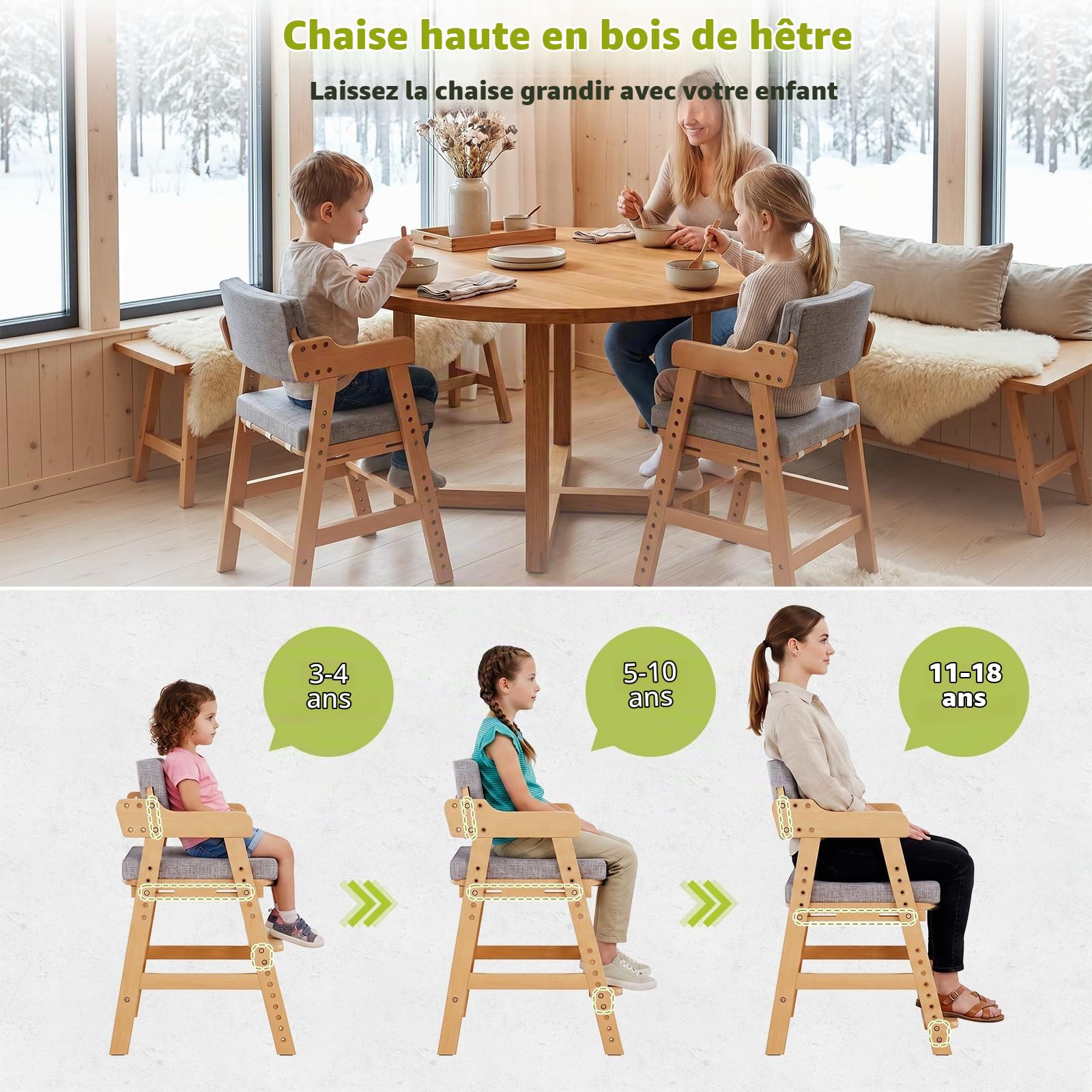 MAMIZO Chaise Enfant en Bois de Hêtre avec Coussin Confortable, Support 120 kg, Chaise Bureau Enfant pour Enfants dès 3 Ans et Plus, Idéale Salle à Manger, Chambre, Salon, Couleur Bois Naturel