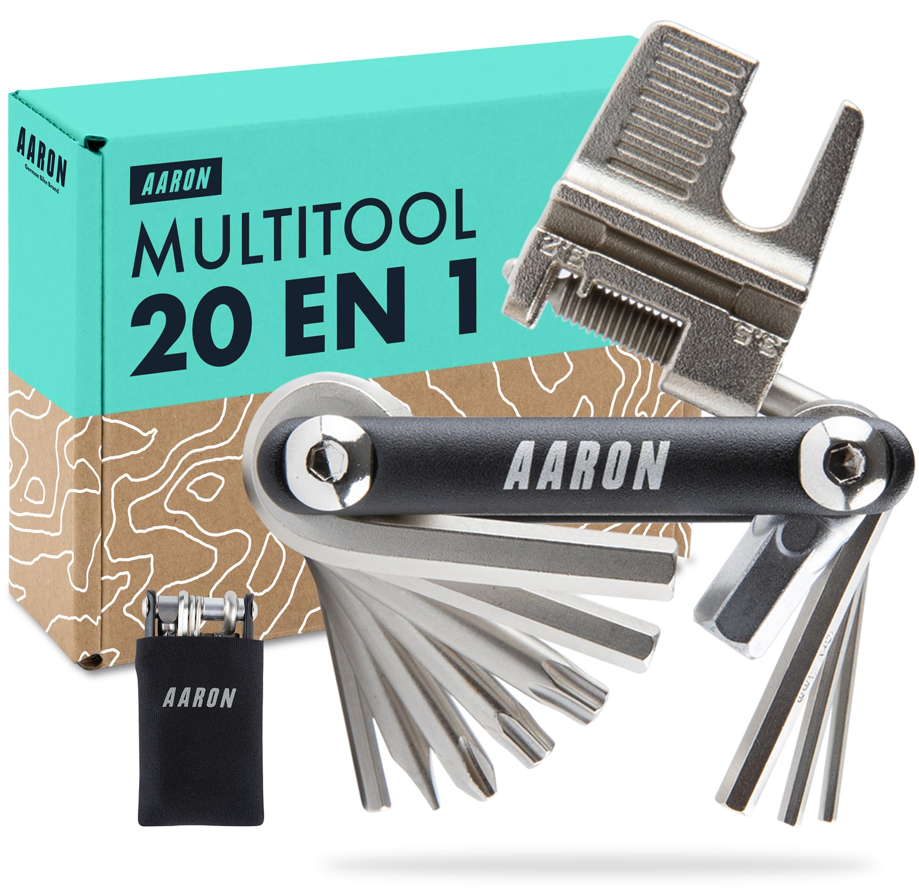 AARON Outil 20 en 1 Multitool - Outil multifonctionnel pour vélo en acier inoxydable/aluminium - Mini outil de vélo pliable avec de nombreuses fonctions - Outil de vélo pratique en noir