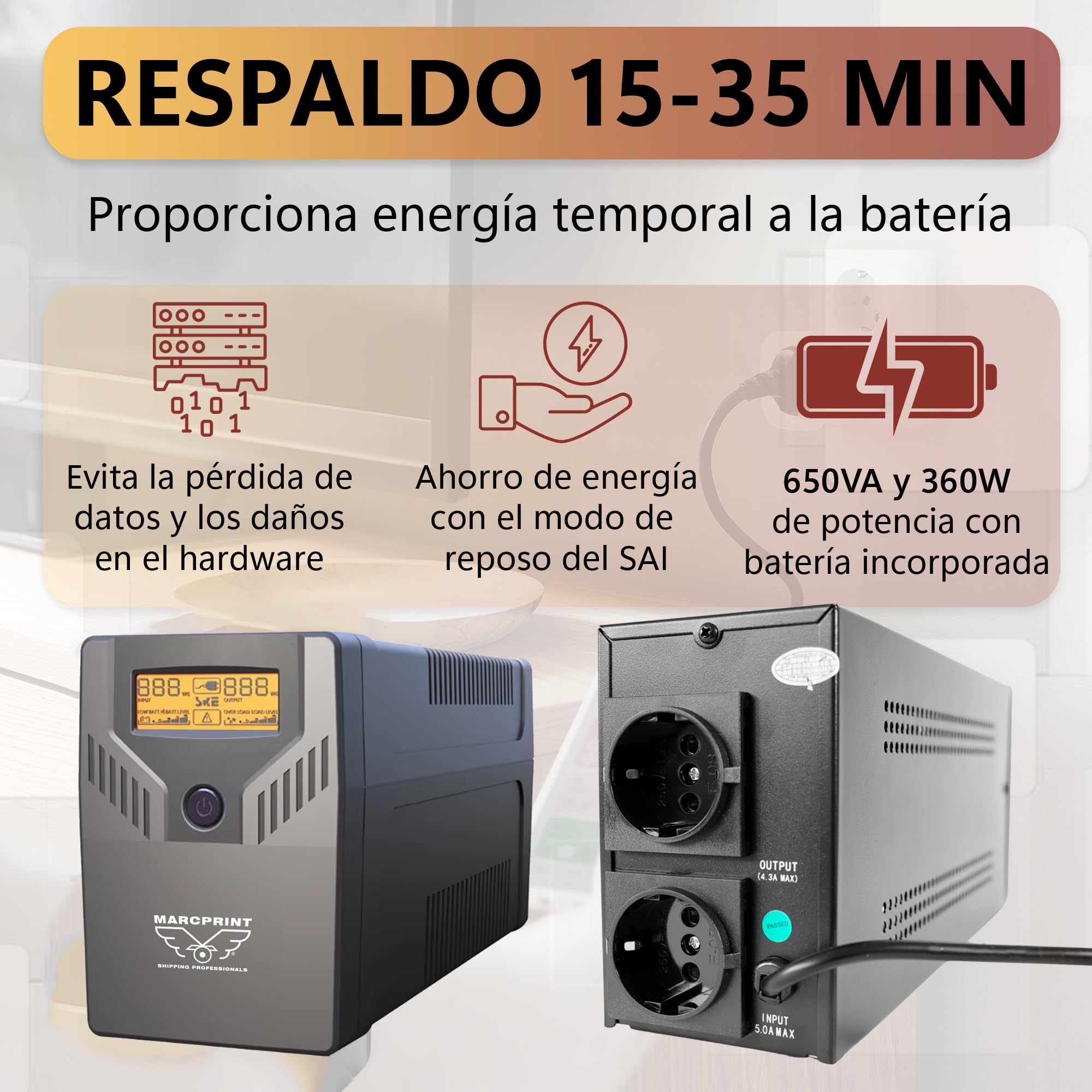 SAI Sistema de Alimentación Ininterrumpida - Ups Router 650VA (360W) 230V - Estabilizador de Corriente Interactive Senoidal AVR 2X Schuko Tomas con Pantalla LCD - SAI Router
