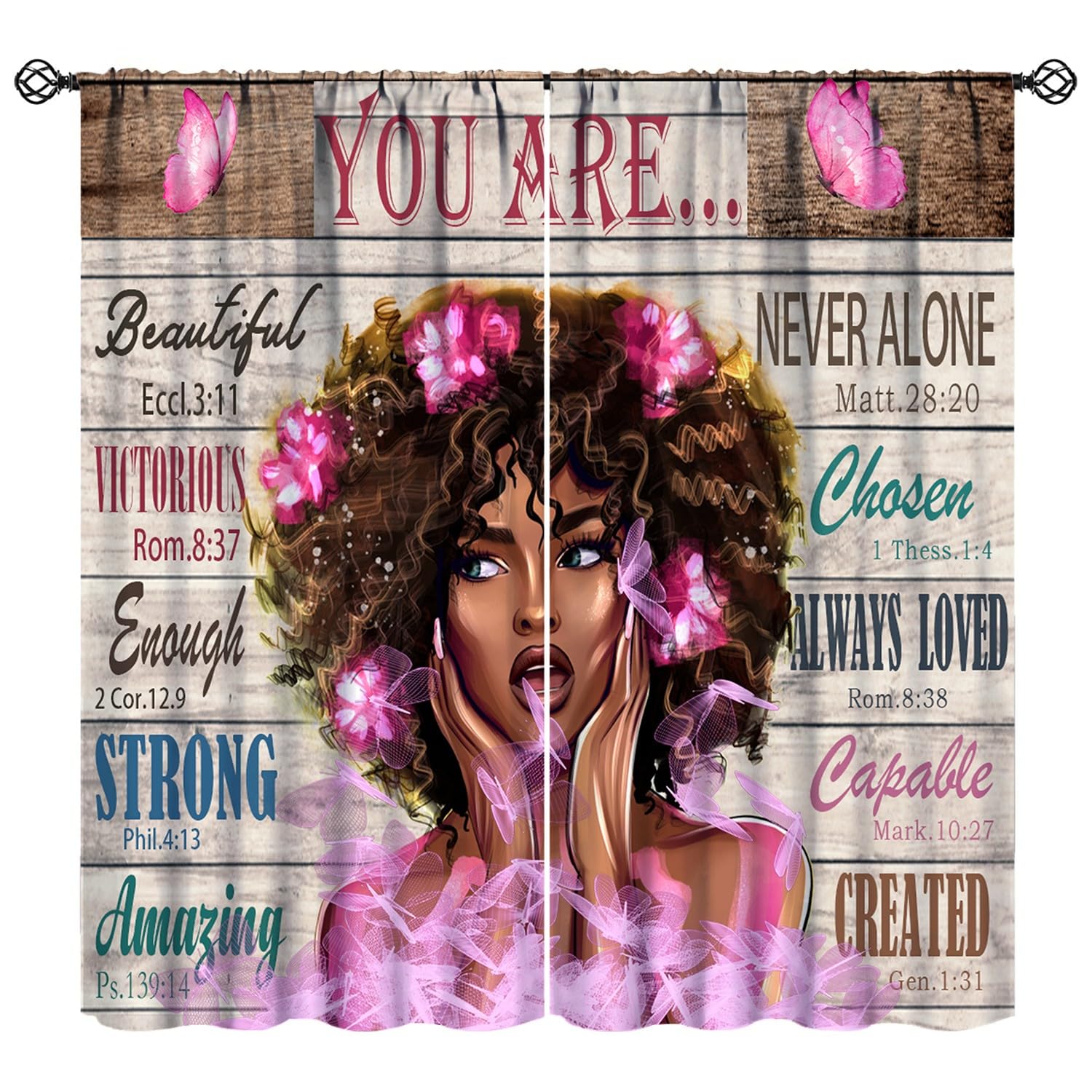 Black Girl Blackout Curtains Words of Inspiration Rustic African American Bedroom Living Room Kitchen Drapes Curtains for Girls Woman Butterfly Kids Girly Queen Sparkly Pink Wood Plank 42x45 Inch
