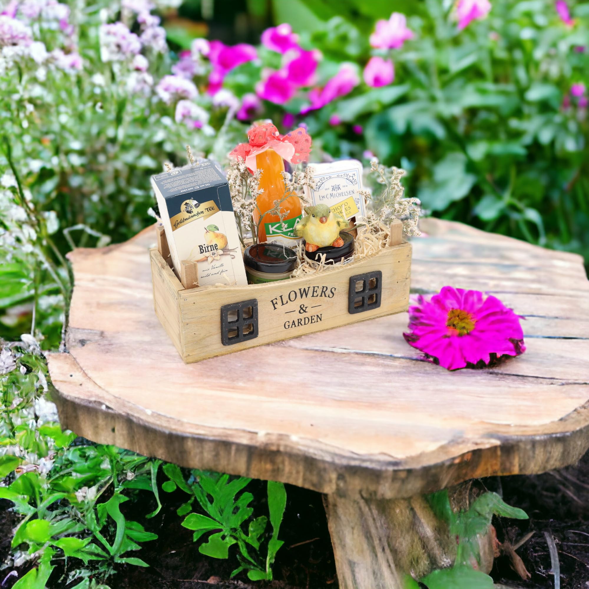 Flowers und Garden - klein | Hochwertige Präsentbox für Gartenliebhaber | Bunte Auswahl an Produkten | Fertig zum Verschenken