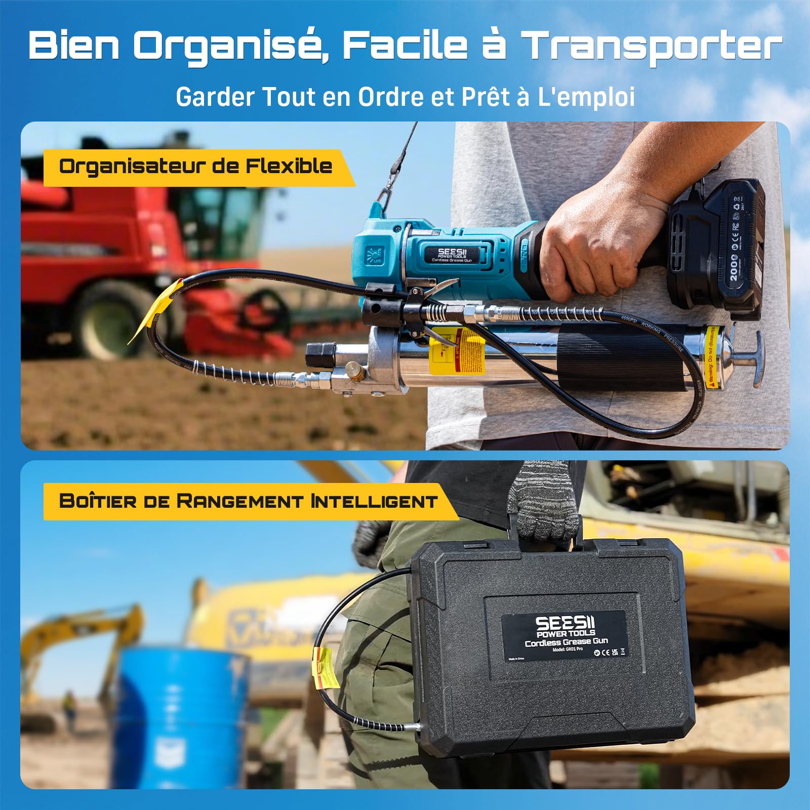 Seesii Pompe a Graisse Électrique: Efficacité Pistolet Graisseur 6,4 oz/Min 10000 PSI, Tuyau de 39.4'', 2 * 2,0 Ah Batteries avec Chargeur, Conçu pour Agriculteurs, Camionneurs et Équipements Lourds