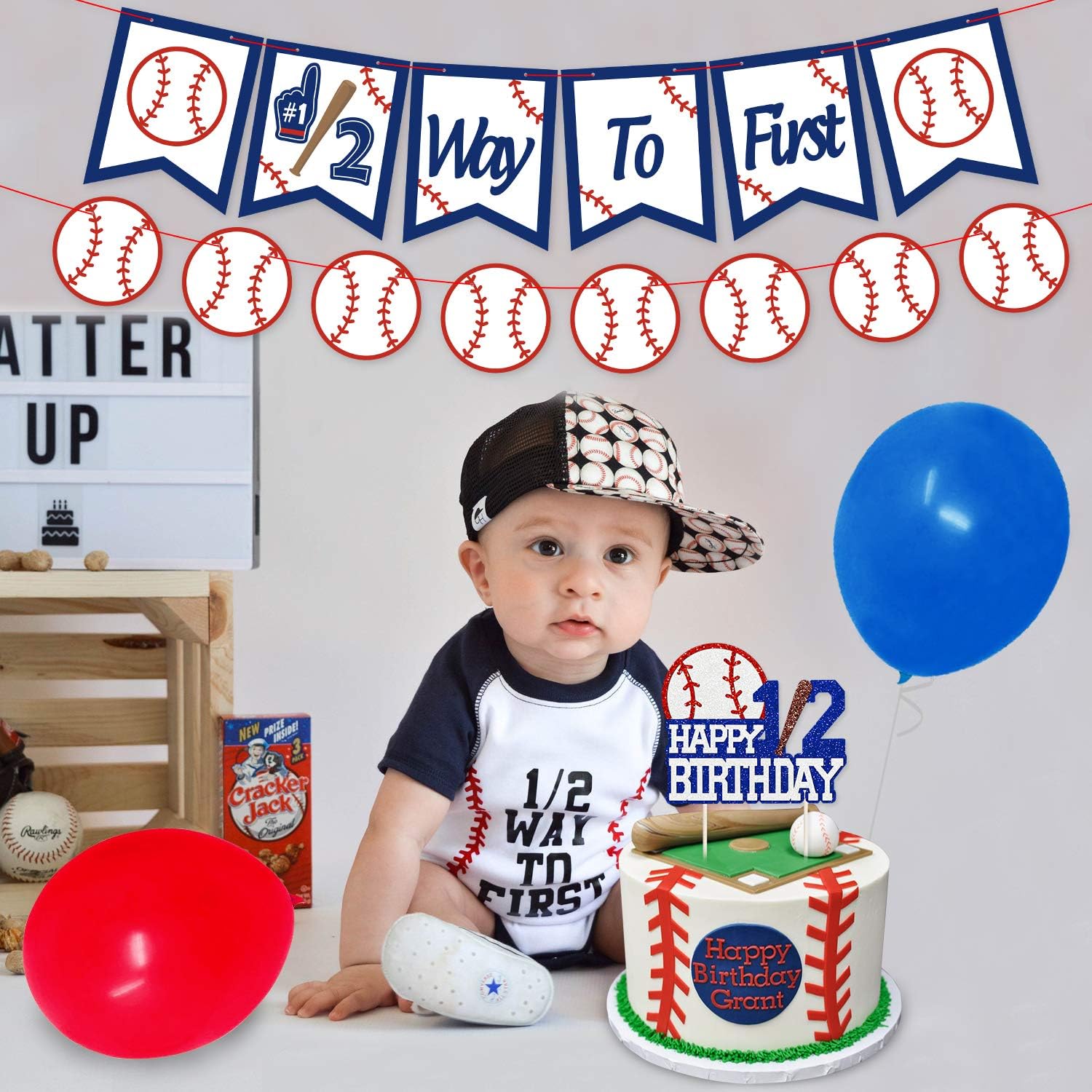 Buy Baseball Half Birthday Party Decorations Kit Sports Theme Half Way To First Banner Happy 1 2 Birthday Cake Topper Crown Hat Party Balloons For Baseball 6 Months Baby Backdrop Photo Props Baby