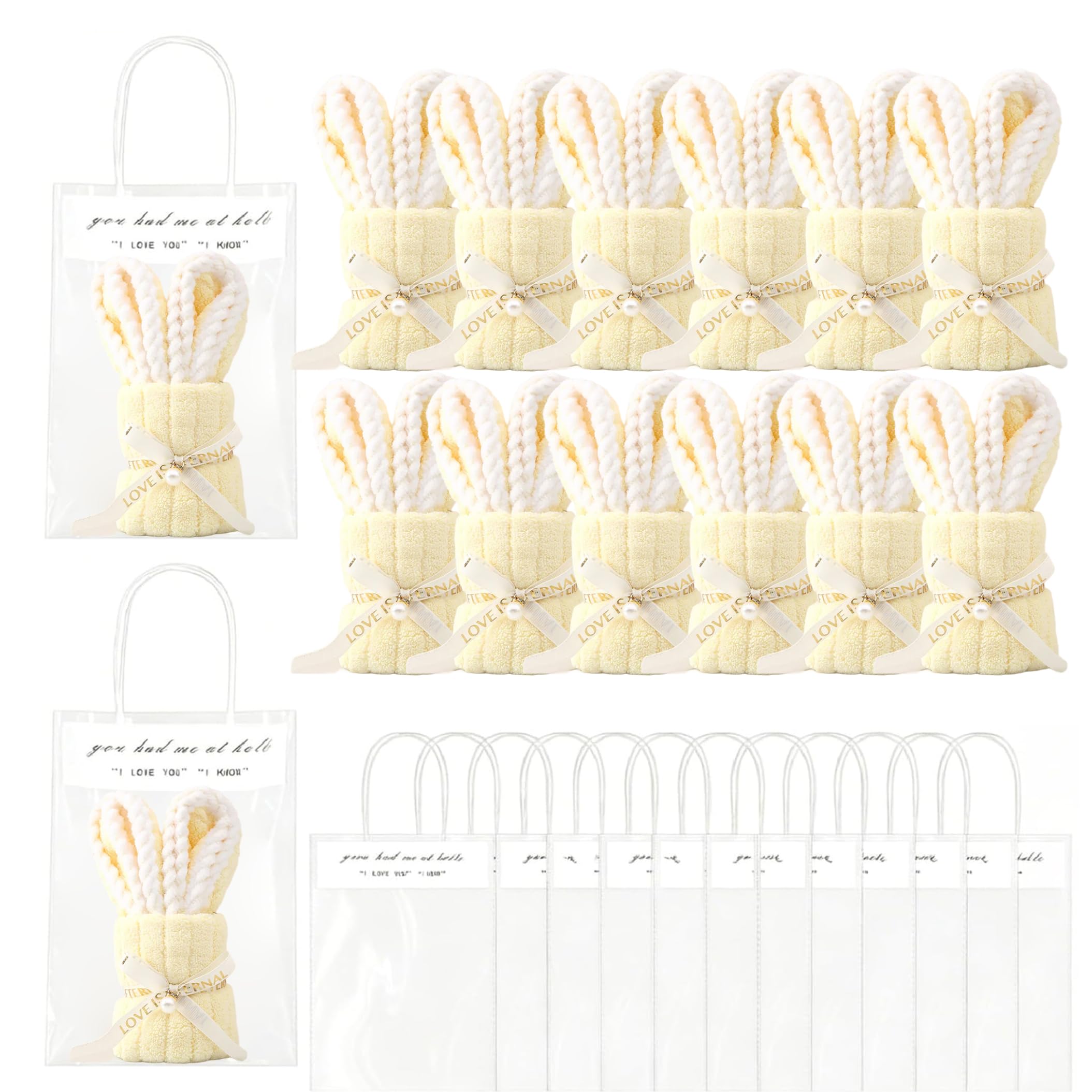 Toallas de conejito para baby shower amarillas de 10x20" con bolsa de regalo para invitados (12 uds)