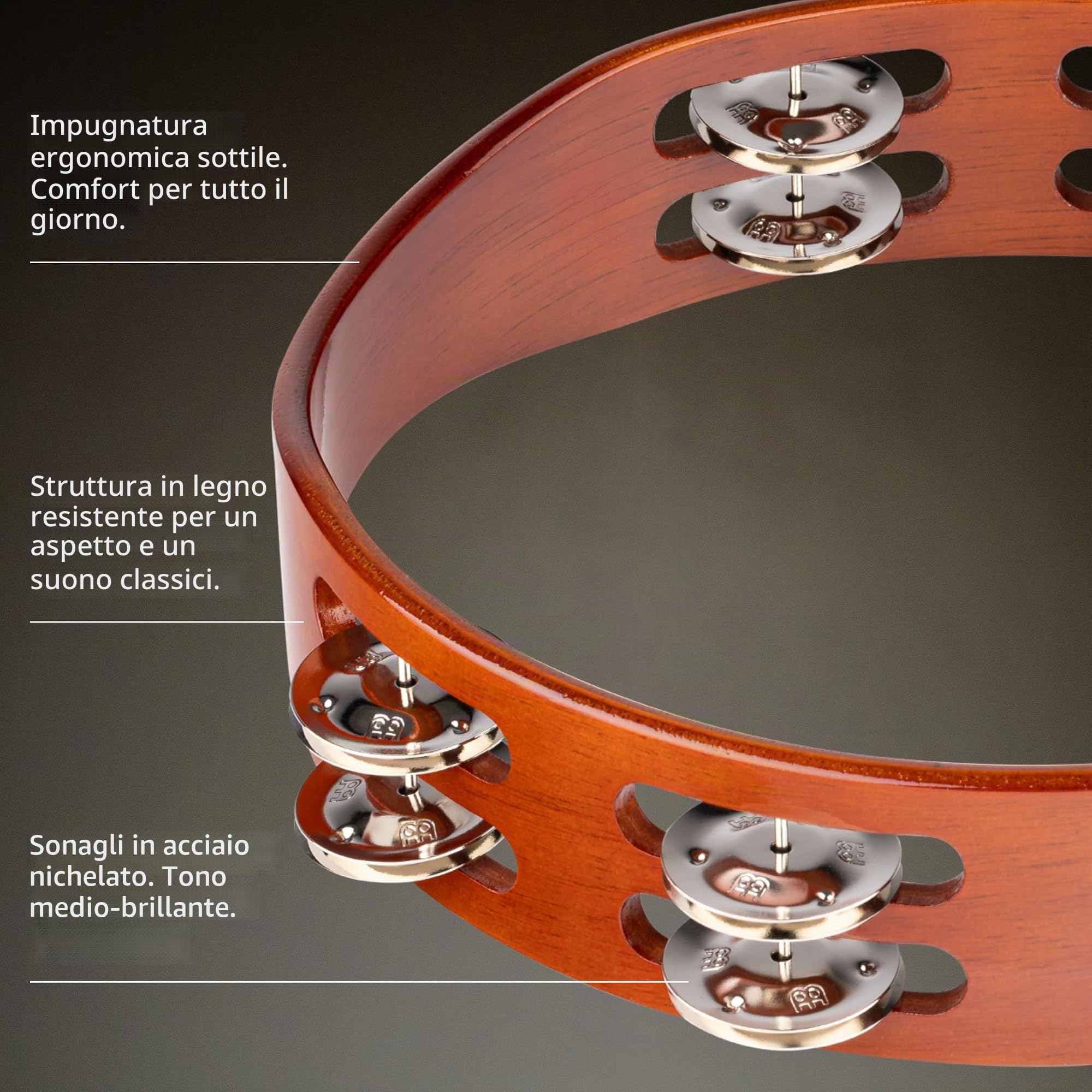 Meinl Percussion TA2AB, Tamburello in legno con doppia Fila di sonagli d'acciaio nel telaio, Diametro 25.40 cm, 10'', marrone