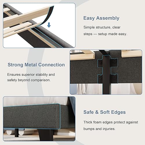 Miniatura 8 de Einhomn Base de cama tamaño individual con cabecero, base de cama tapizada de lino con listones de madera maciza, sin ruido, no necesita somier,