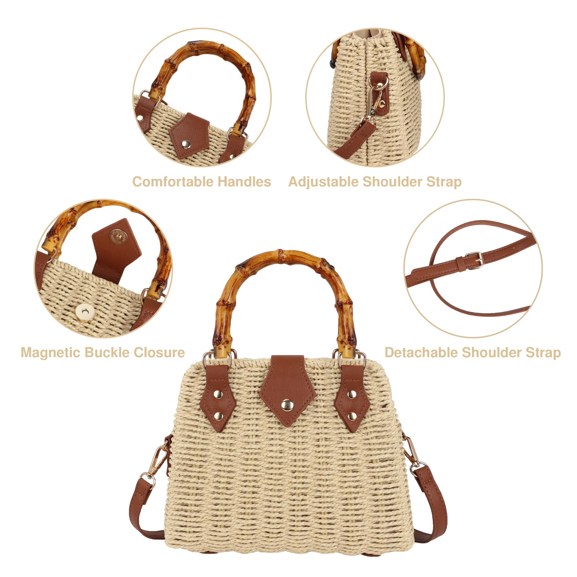 Bolso de playa de paja para mujer, bolso cruzado hecho a mano, bolso de hombro tejido con asa superior para el verano