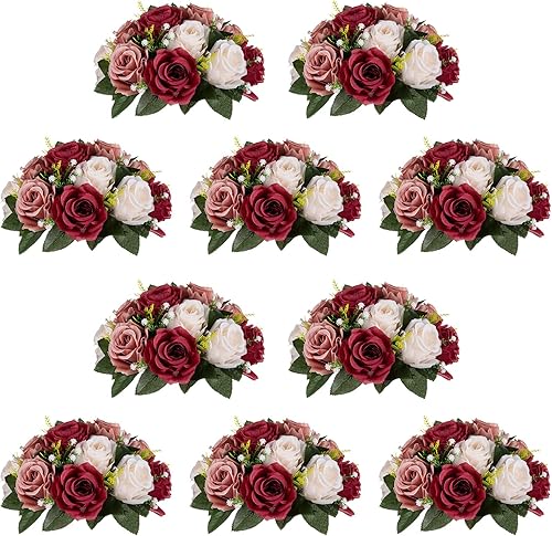 NUPTIO Centros de mesa de flores artificiales para mesas, 10 unidades, color borgoña, rosa polvorienta y blanco cremoso, bolas de rosas falsas de