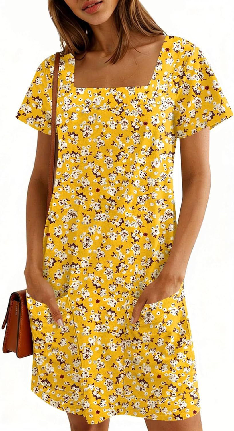 Naggoo Women Summer Sundresses Short Sleeve Square Neck Shift Tshirt Mini Dress with Pockets